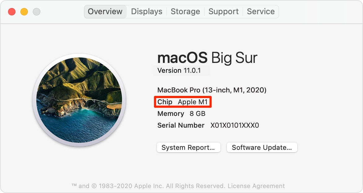 identifica i Mac in silicone Apple - Finestra Informazioni su questo Mac che mostra un modello MacBook Pro da 13 pollici alimentato dal chip Apple M1