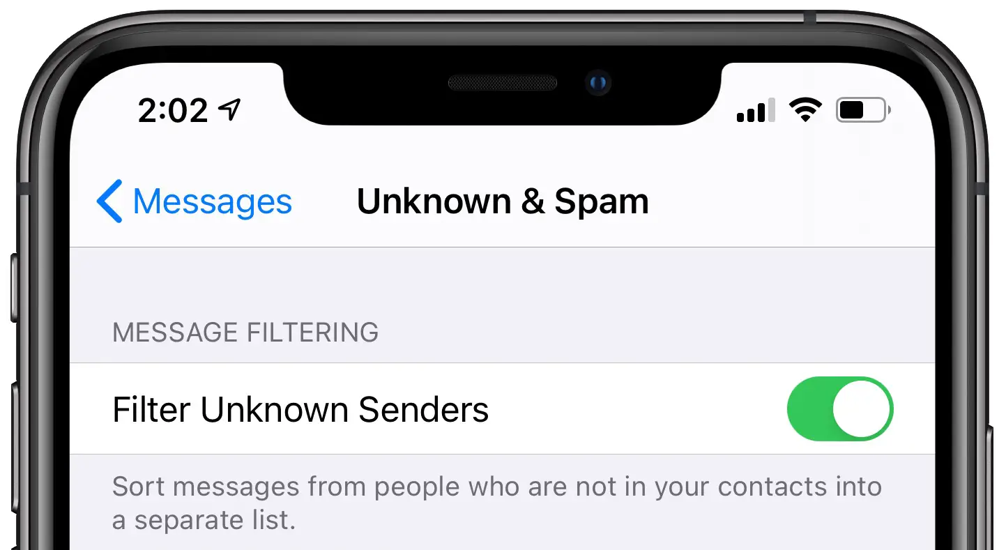 Filtraggio messaggi iOS 14 - Filtra mittenti sconosciuti abilitato in Impostazioni → Messaggi