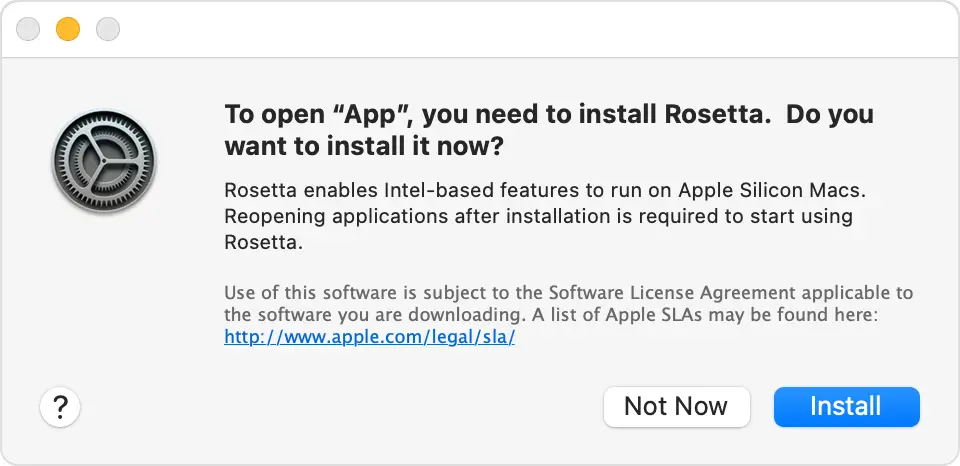 Emulazione Apple Rosetta 2: una finestra di dialogo macOS in Big Sur che chiede di installare il componente Rosetta