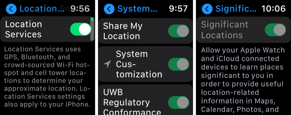 Impostazioni di localizzazione abilitate su Apple Watch