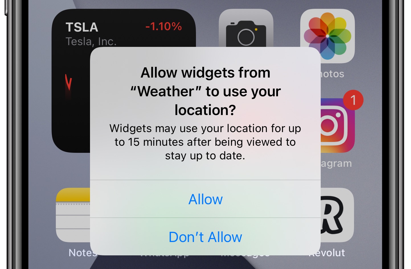 Permessi di localizzazione del widget iPhone - Richiesta di autorizzazione della schermata Home