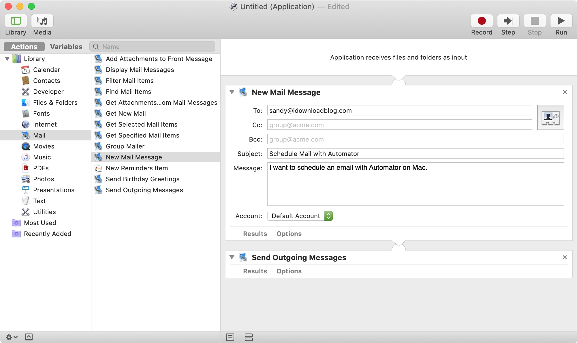 Pianifica la posta in Automator su Mac