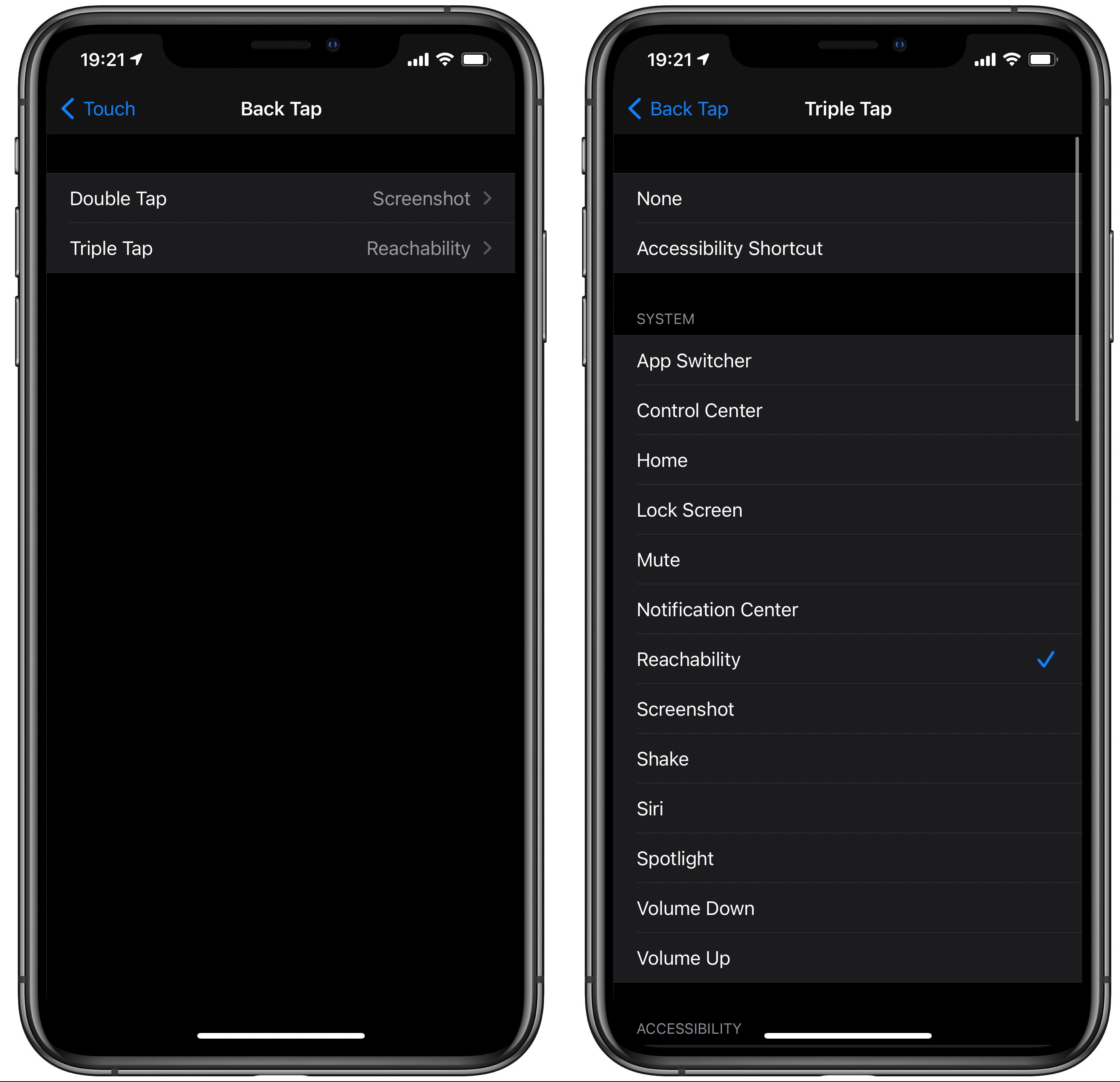 Requisiti di sistema per il tocco indietro: uno screenshot dell'iPhone che mostra le impostazioni per il tocco indietro