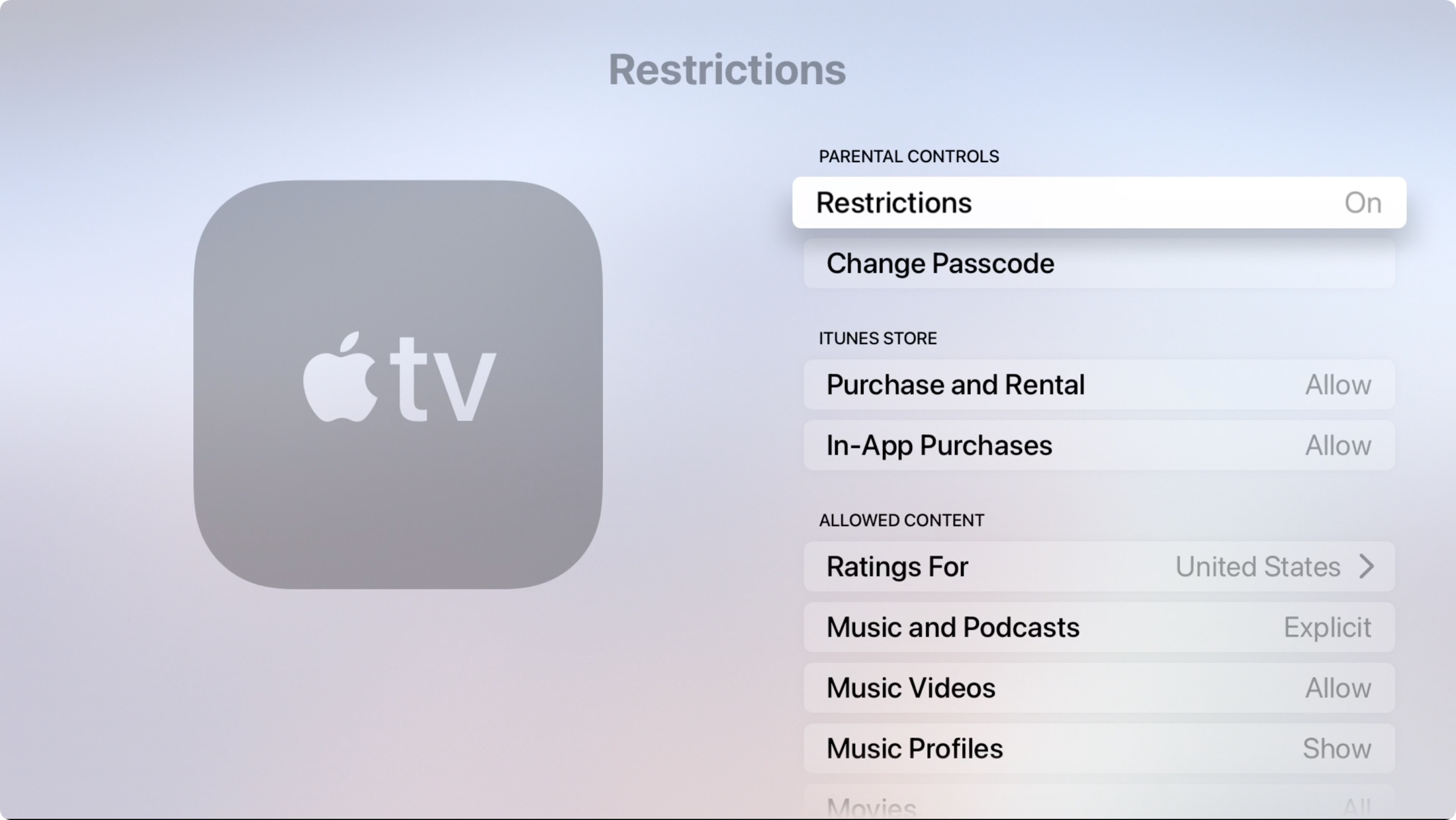 Impostazioni Restrizioni generali Apple TV