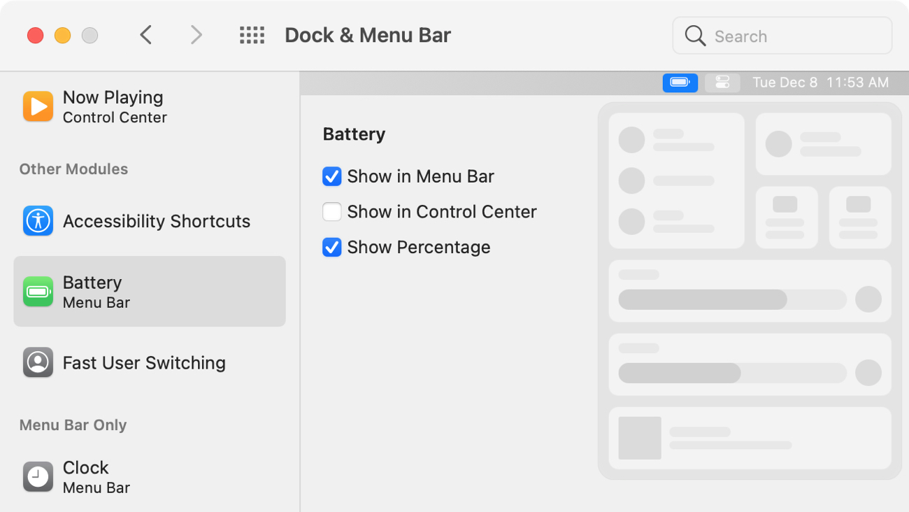Impostazioni della batteria della barra dei menu del dock