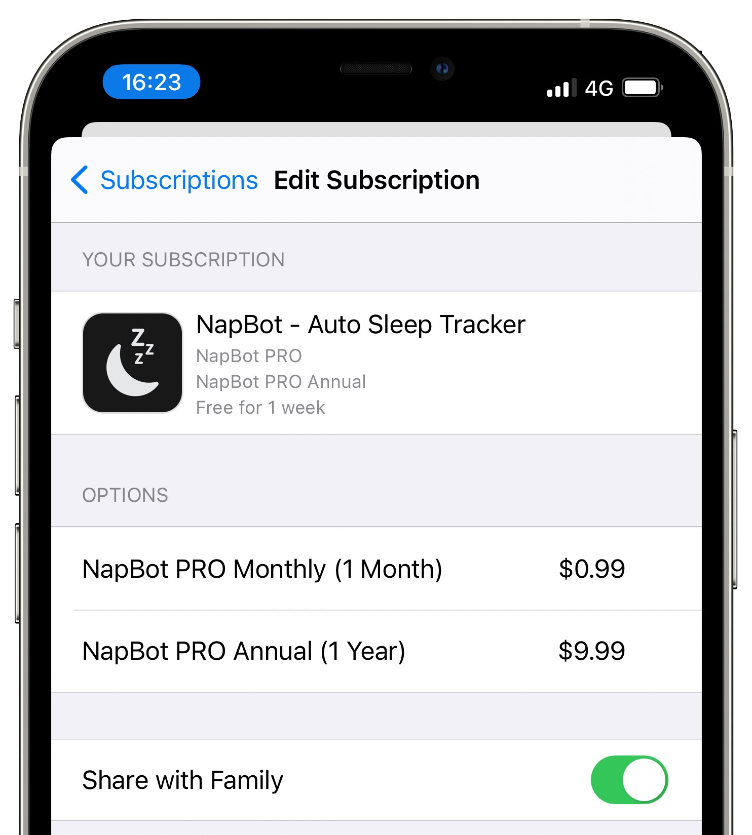 Condividi abbonamenti - NapBot per iPhone con l'opzione per condividere l'abbonamento con la famiglia abilitata