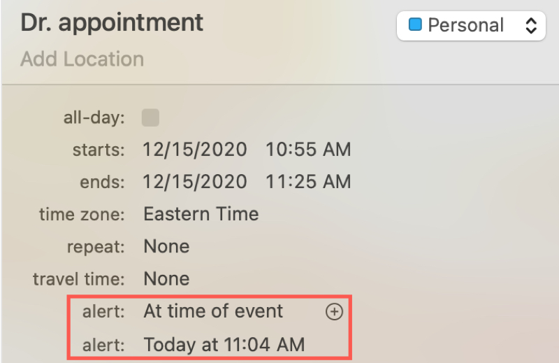 Opzioni del tempo di avviso degli eventi del calendario su Mac