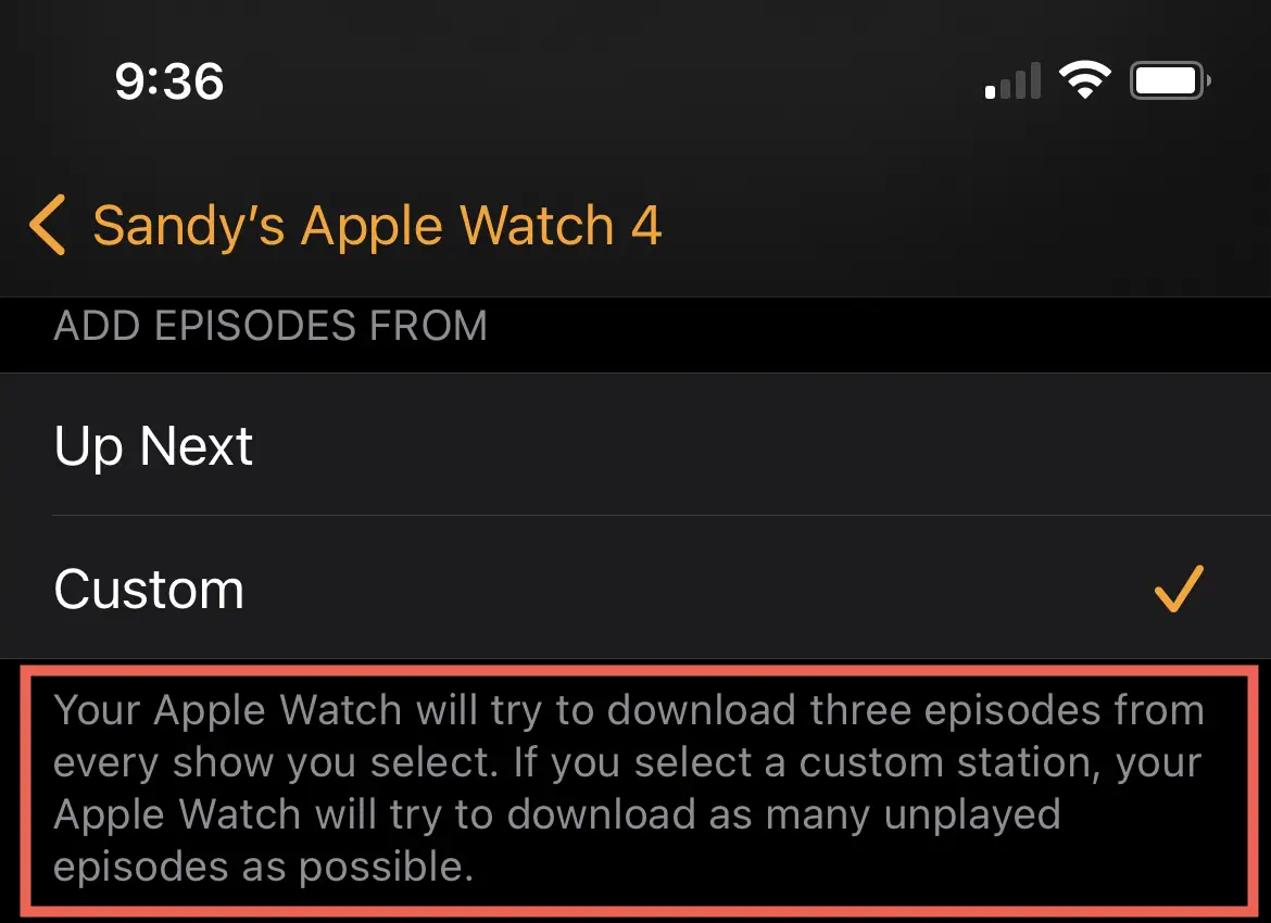 Apple Watch Informazioni sui download di podcast
