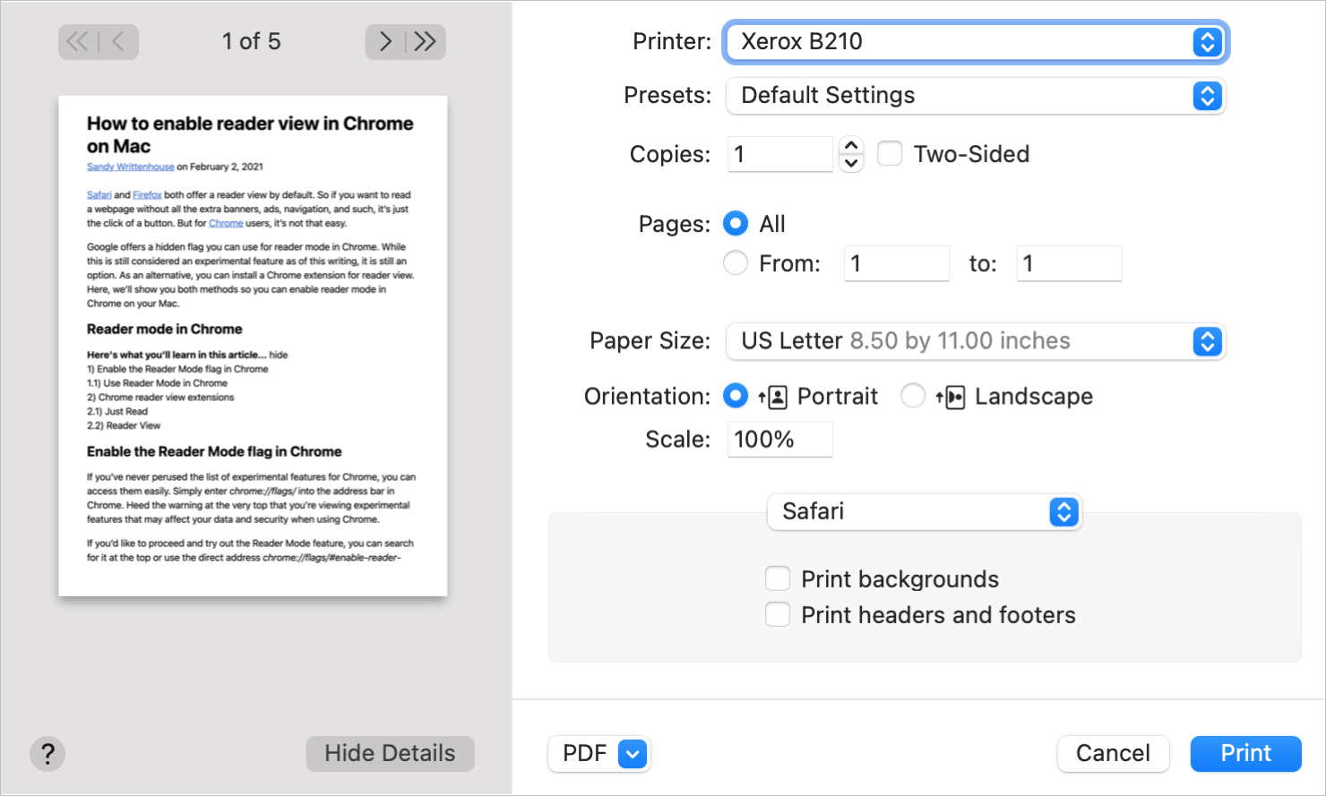 Stampa Safari su Mac