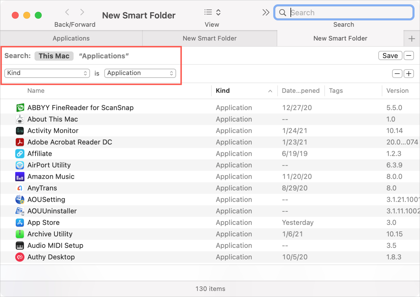 Elenco applicazioni Smart Folder su Mac
