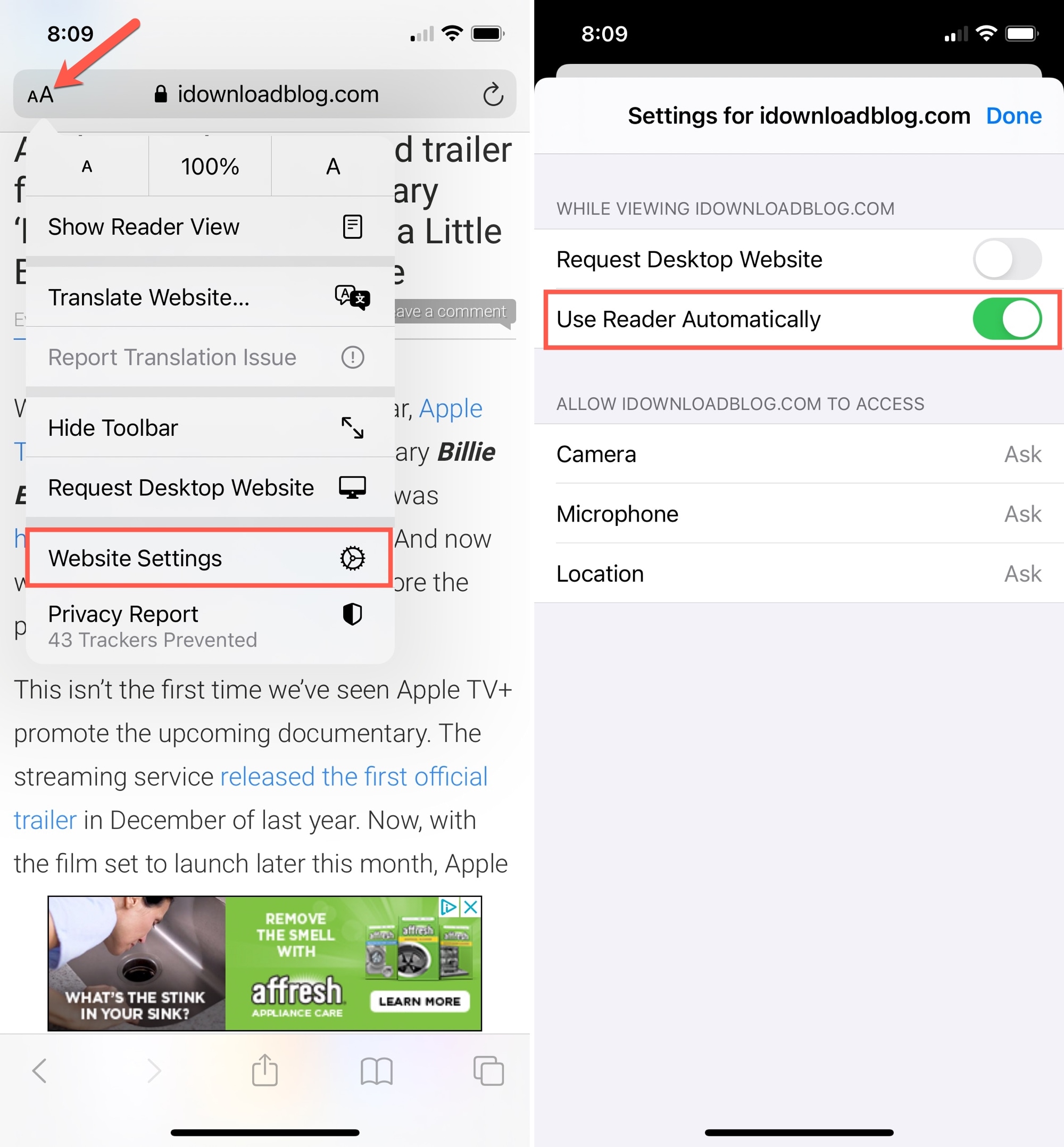 Modalità di lettura automatica di Safari su iPhone