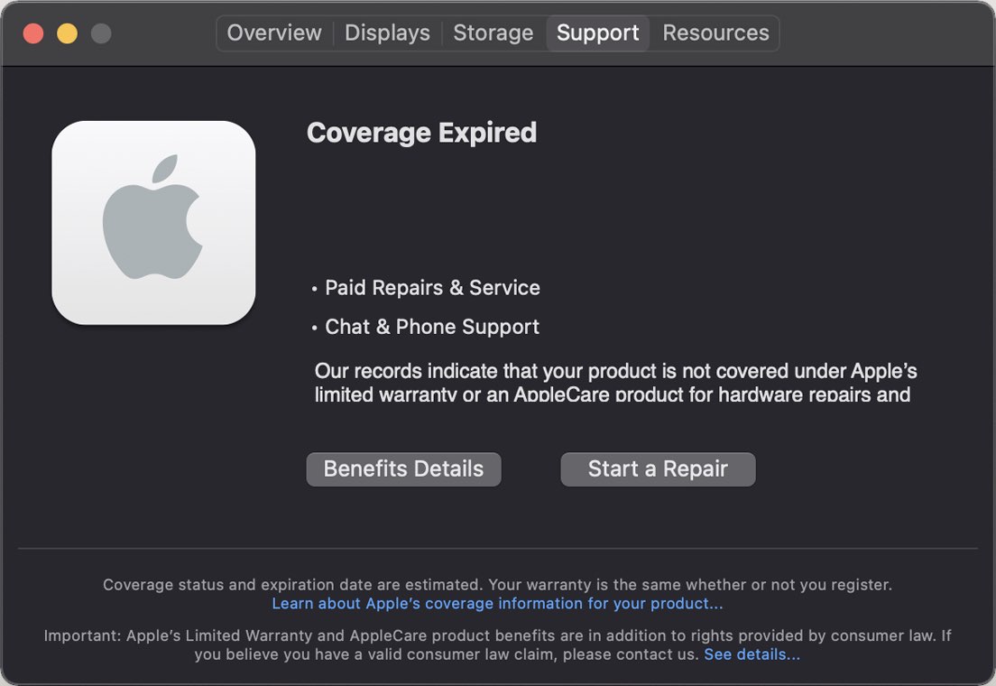 Uno screenshot del Mac che mostra un nuovo menu di supporto in macOS 11.3 che elenca le informazioni sulla copertura Apple dell'utente