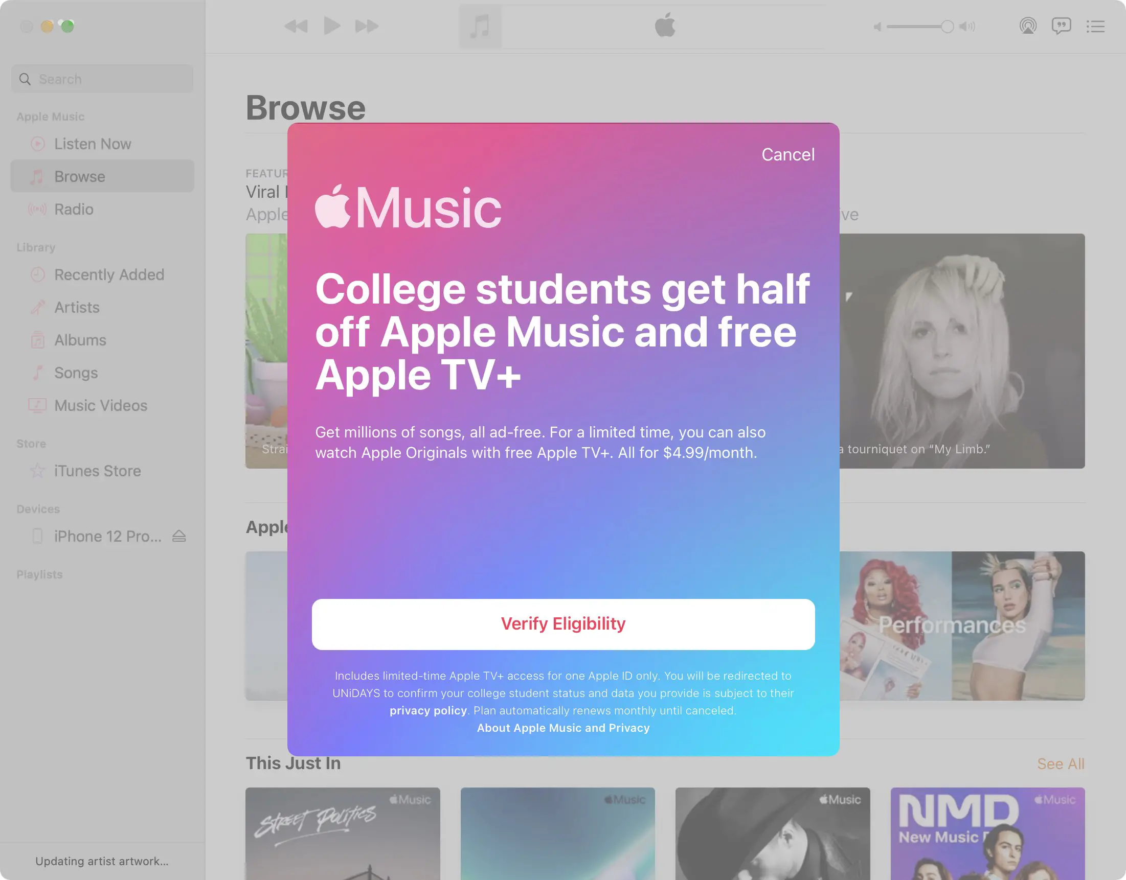 Uno screenshot dell'app Music per Mac che mostra una schermata iniziale che pubblicizza la promozione a tempo limitato di Apple Music per gli studenti
