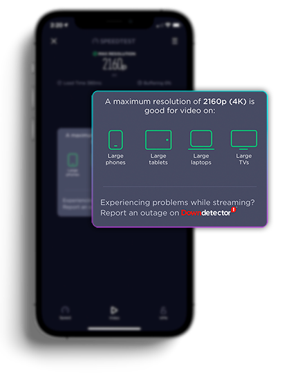 Uno screenshot che mostra i risultati della funzione di test video nell'app Speedtest di Ookla insieme ai dispositivi consigliati che funzionano meglio a quel livello di prestazioni