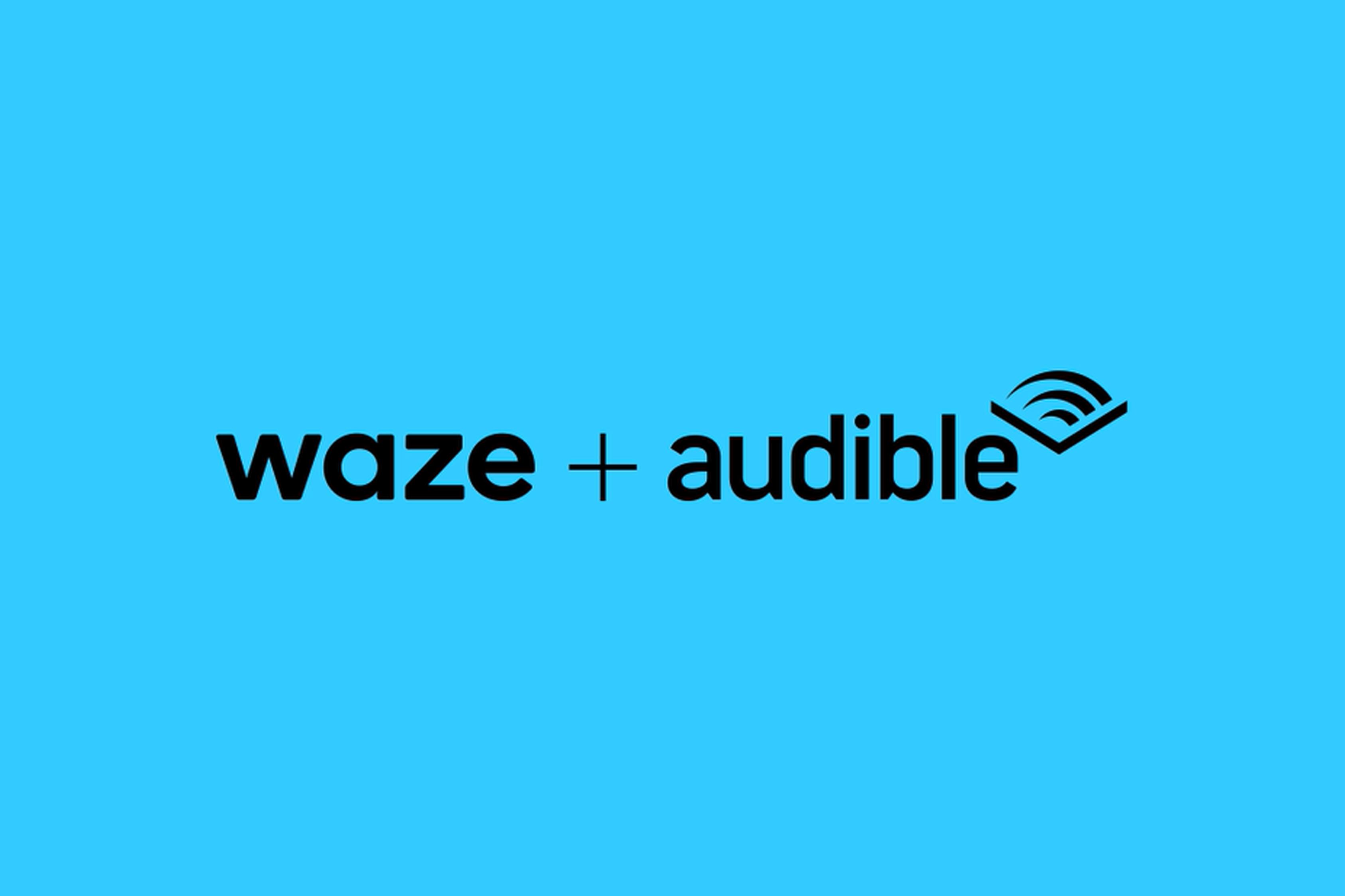 Un'immagine che mostra i loghi Waze e Audible neri su uno sfondo blu brillante