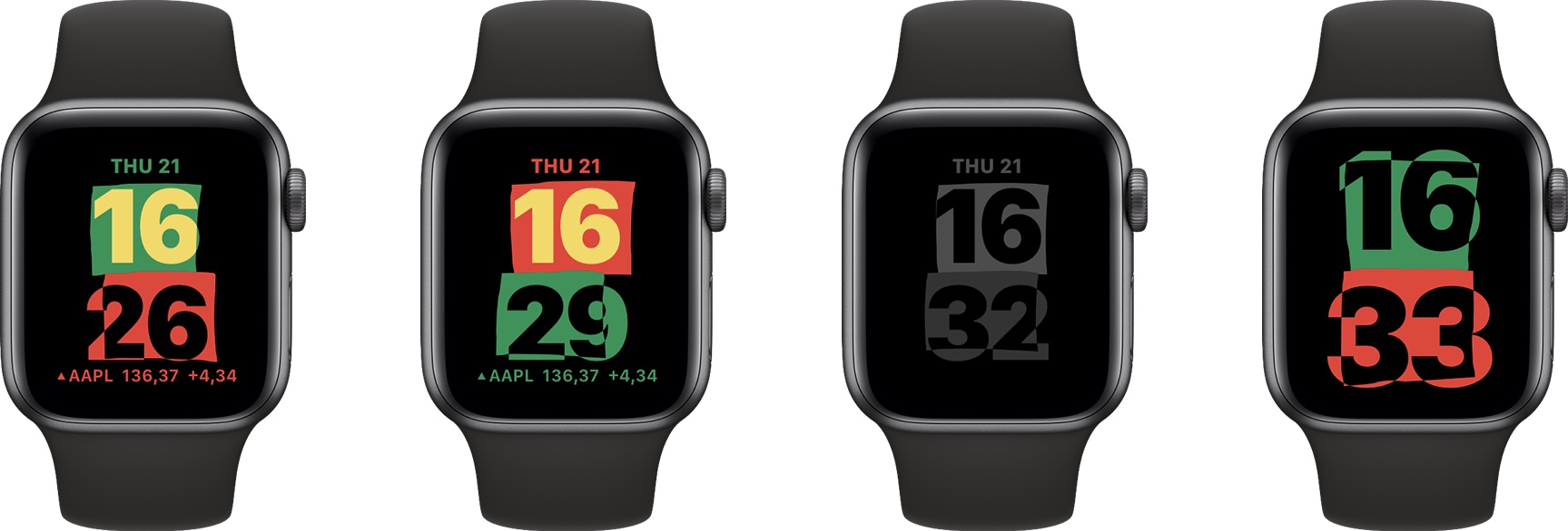 Screenshot di Apple Watch che mostrano il nuovo quadrante Unity, ispirato ai colori della bandiera panafricana, disponibile con il software watchOS 7.3