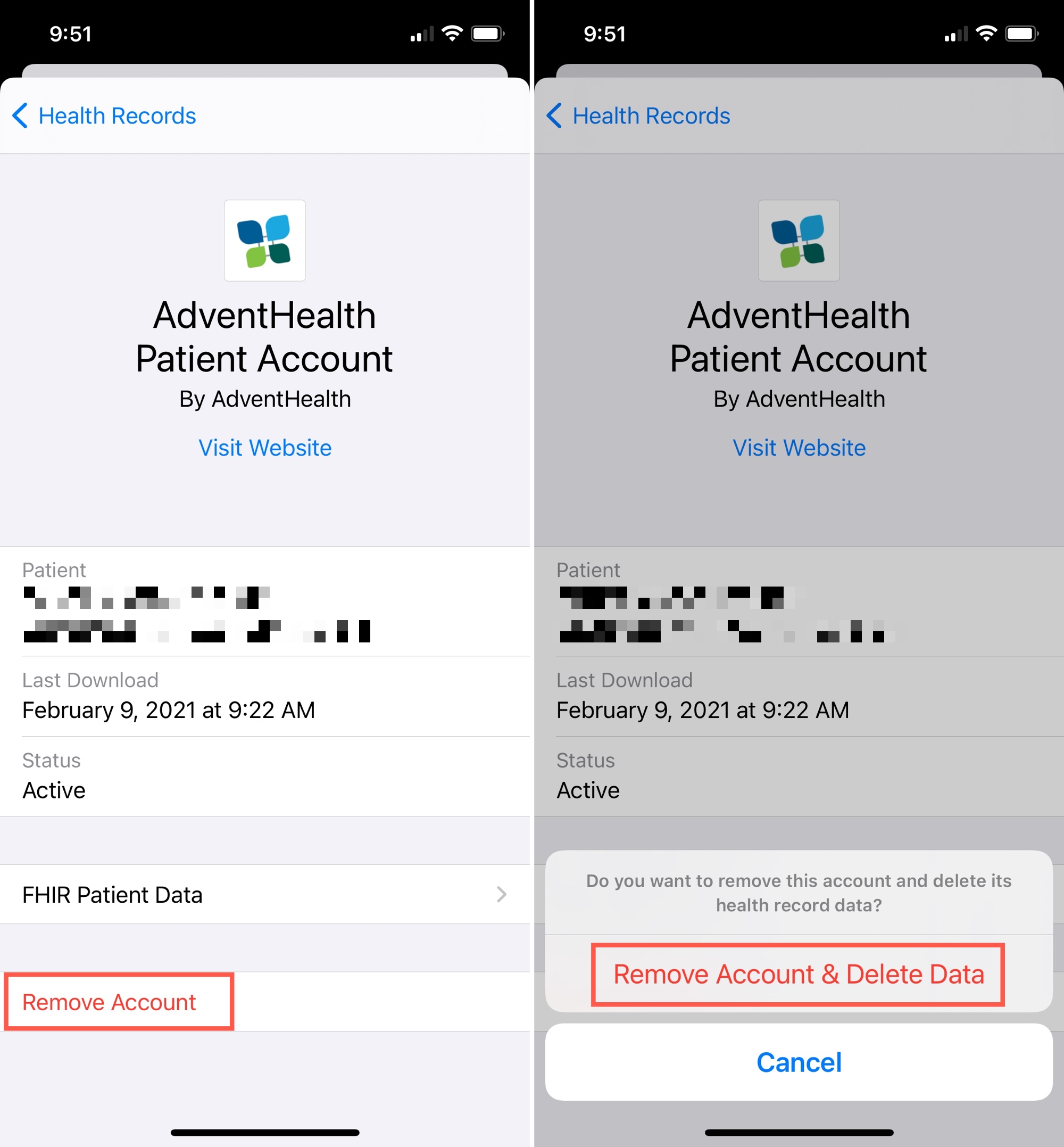 Documenti sanitari, rimuovi account da iPhone
