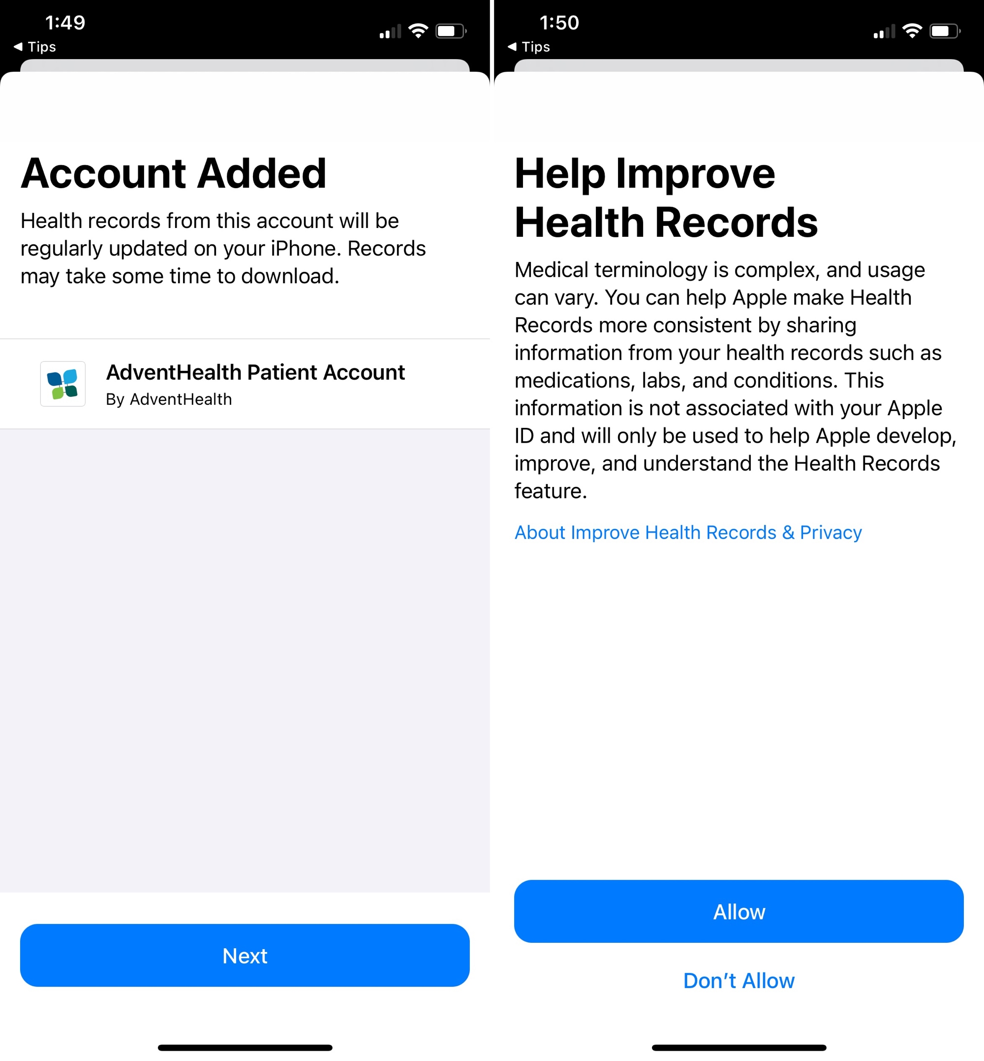 Documenti sanitari, account aggiunto e opzione di aiuto su iPhone