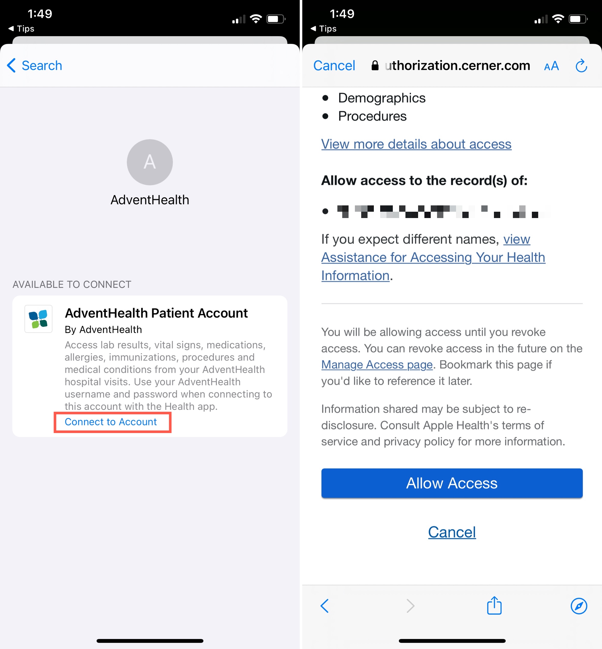 Documenti sanitari, connessione e accesso su iPhone