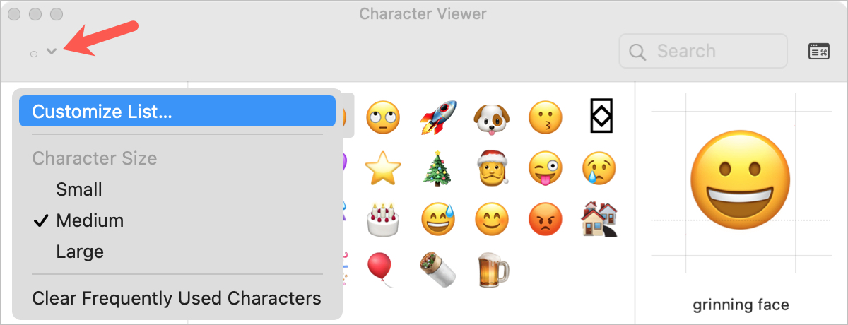 Pulsante di azione in Character Viewer su Mac