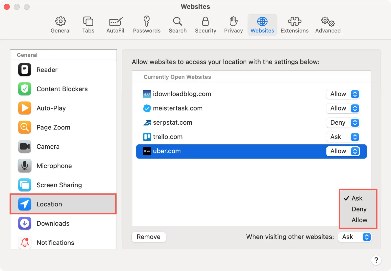 Preferenze di Safari Posizione dei siti web su Mac