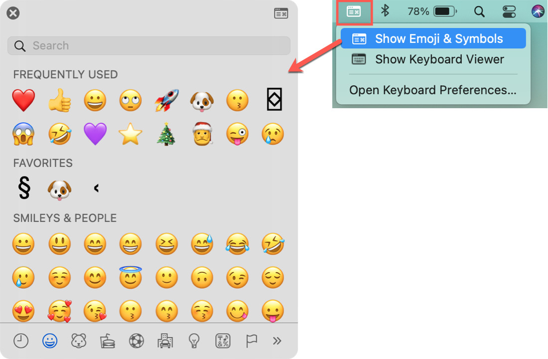 Inserimento nella barra dei menu, mostra i simboli Emoji