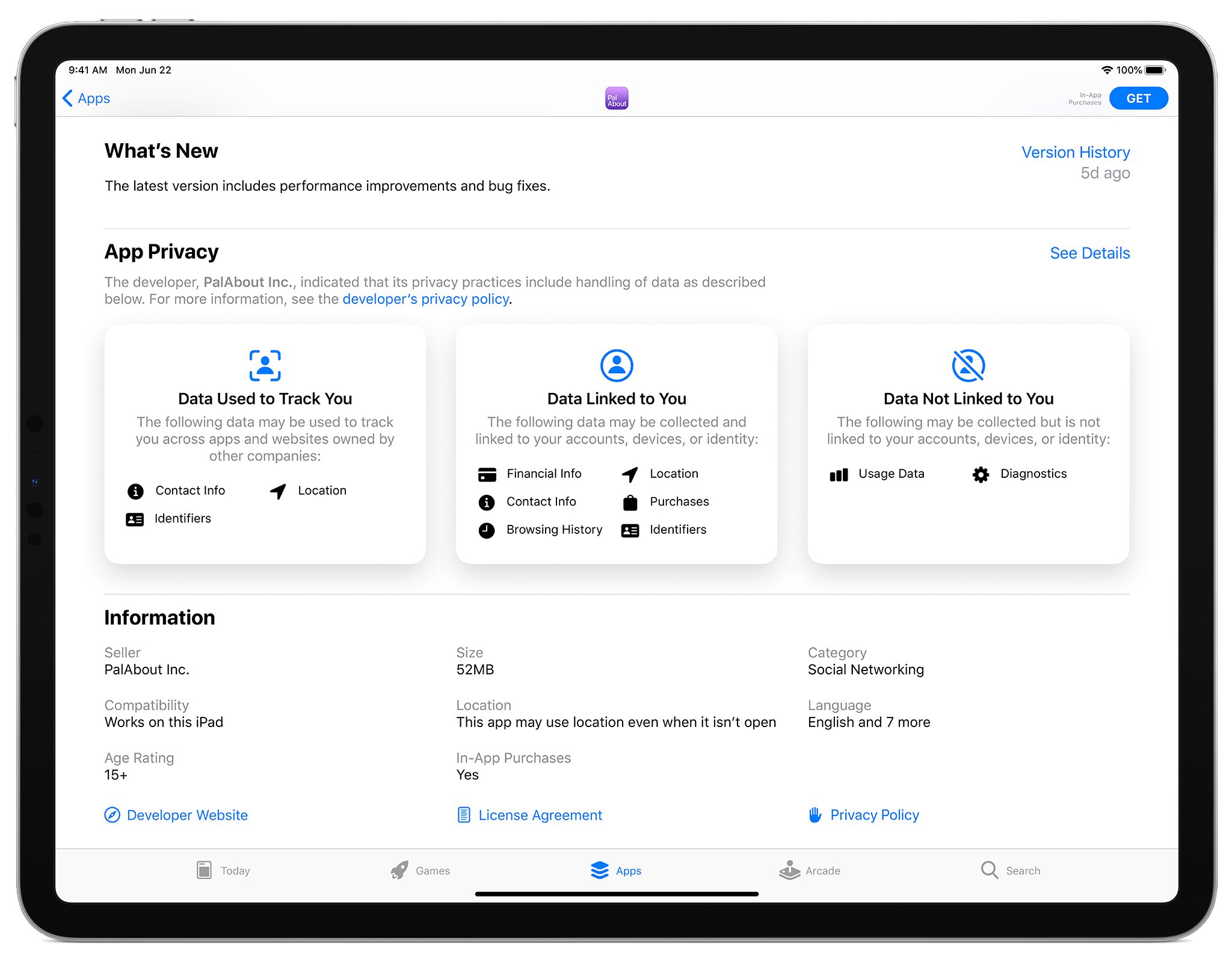 Uno screenshot dell'iPad che mostra la sezione Privacy dell'app per un elenco dell'App Store