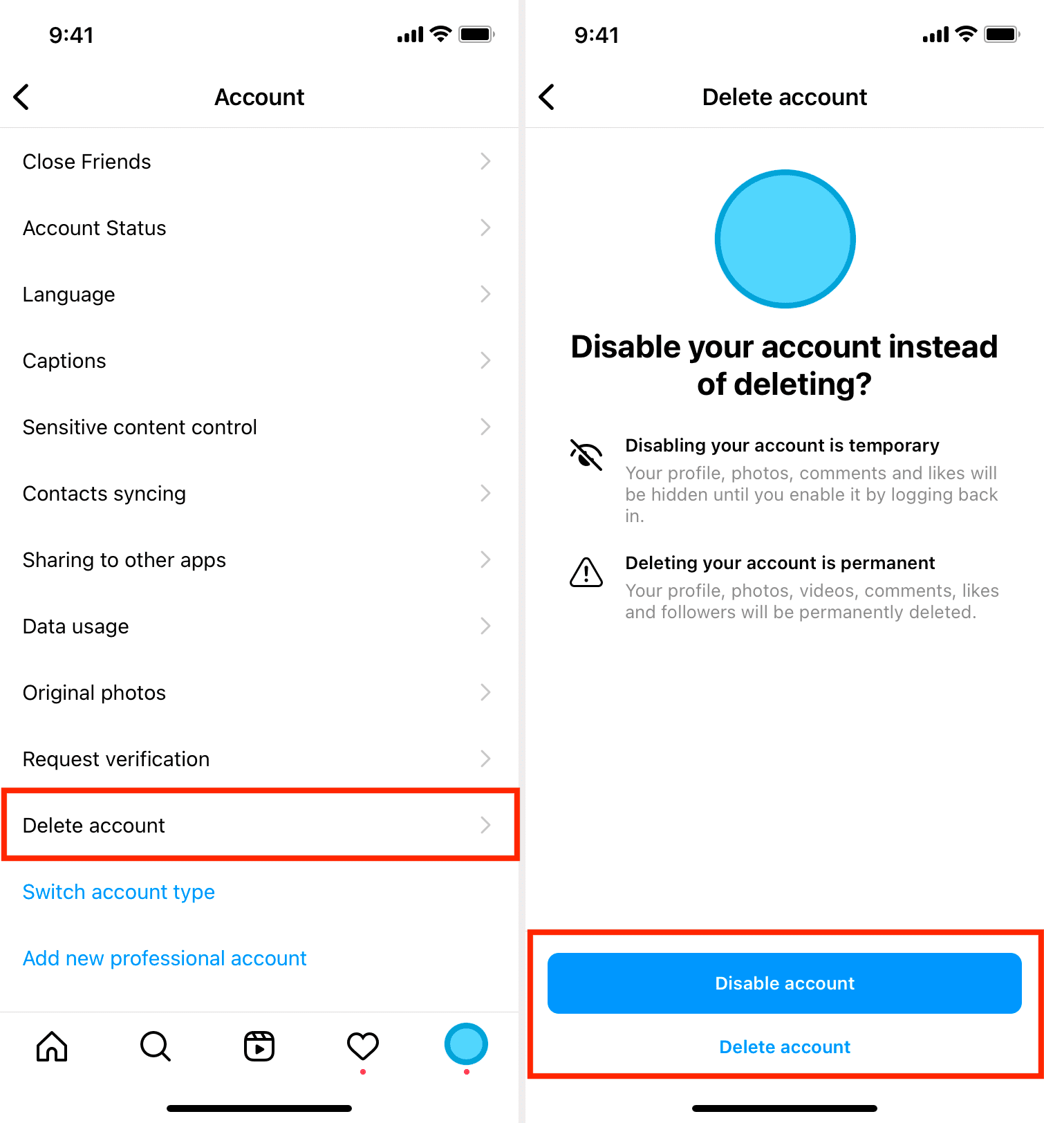 Elimina l'account Instagram dall'app ufficiale sul telefono