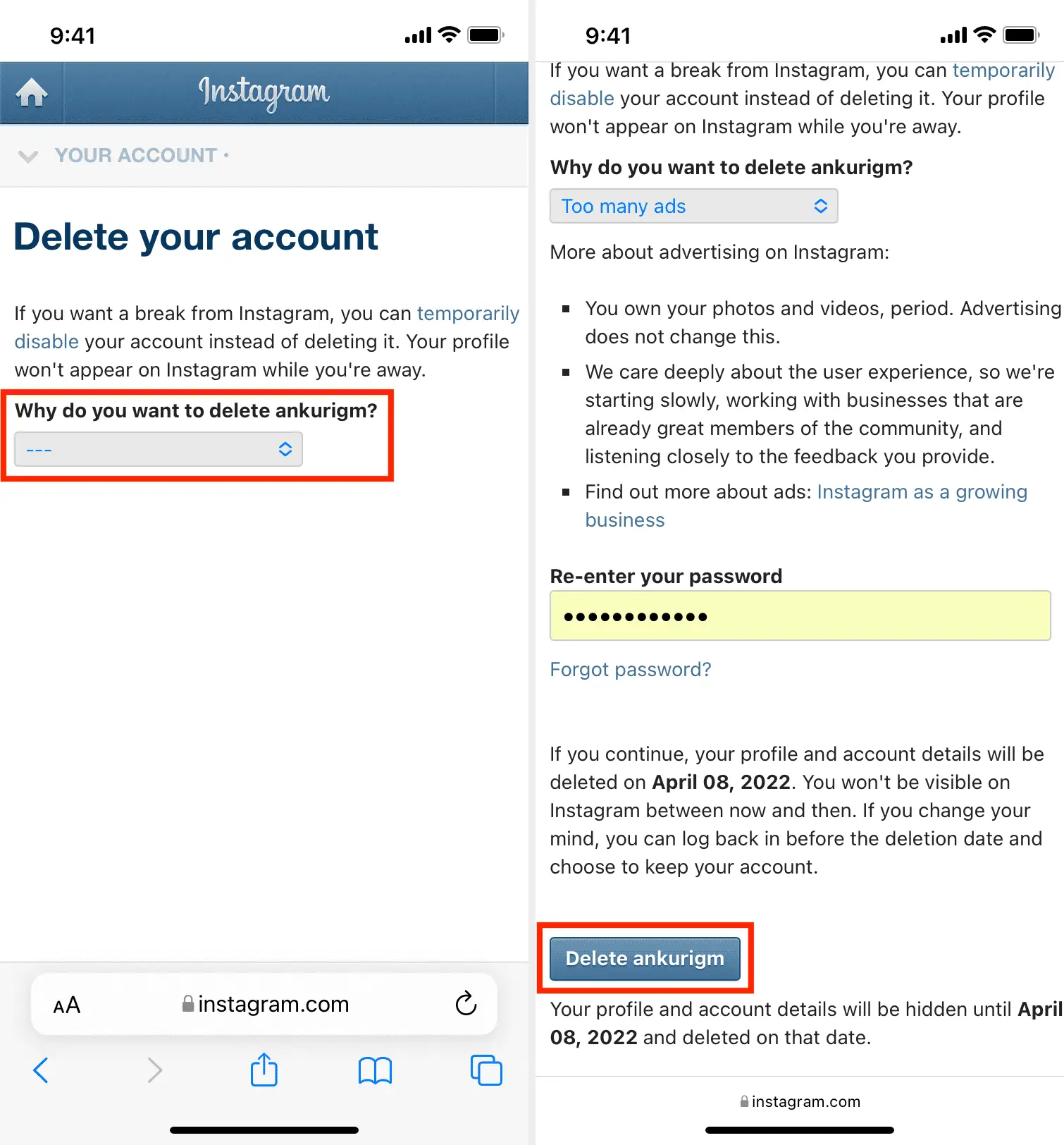 Passaggi per eliminare l'account Instagram