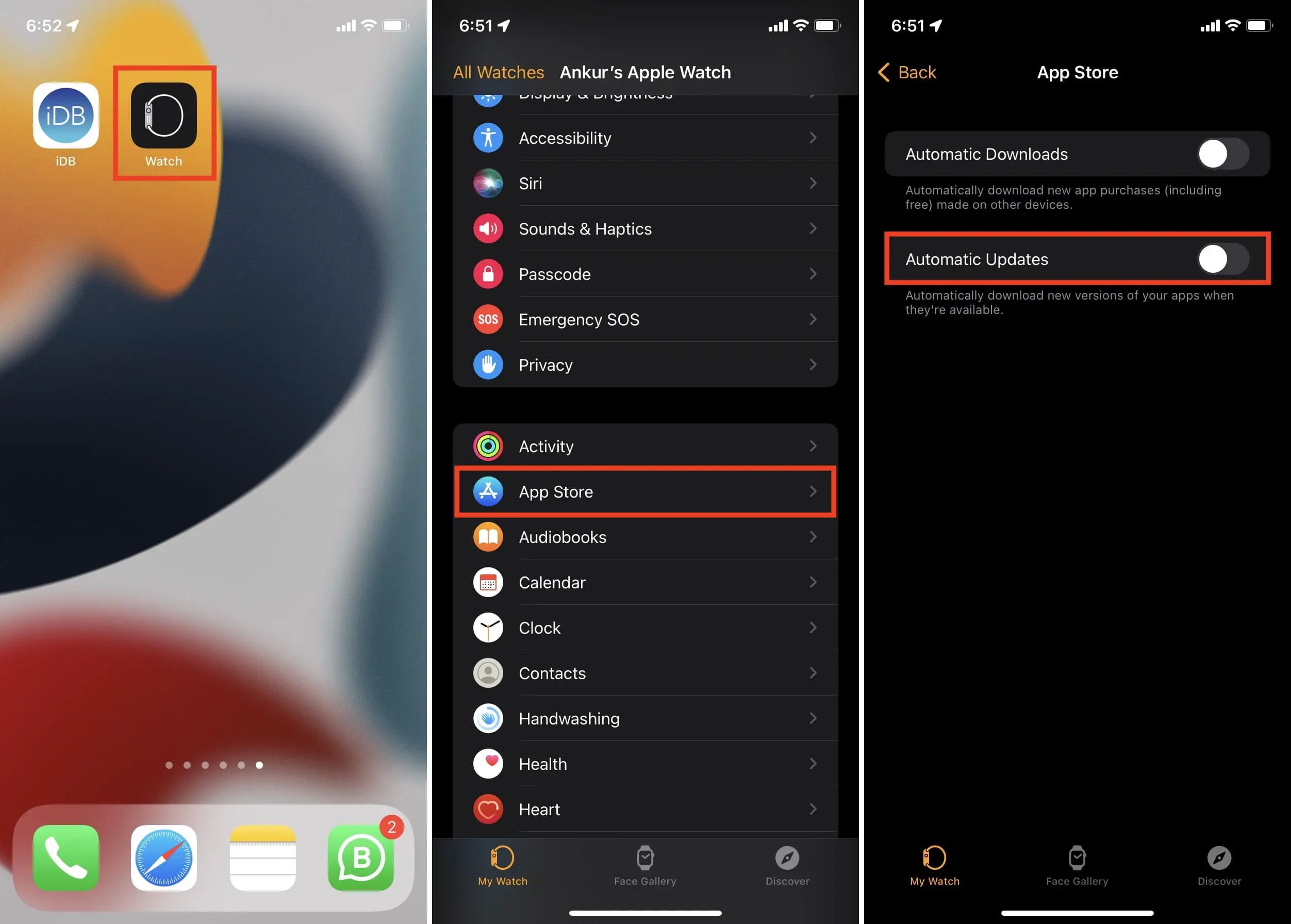 Opzione di aggiornamento automatico dell'app Apple Watch nell'app Watch