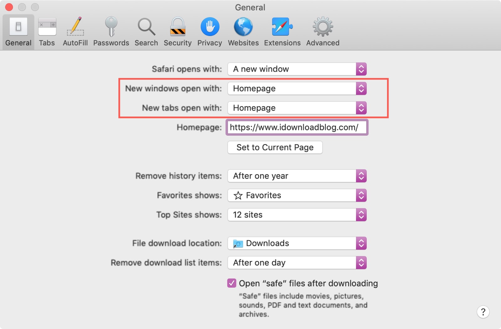 Imposta Home page Nuova finestra e schede Safari Mac
