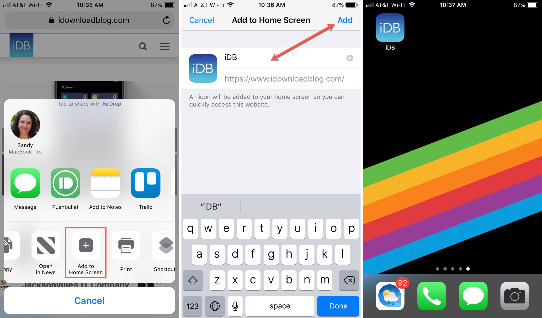 Aggiungi alla schermata iniziale della home page di Safari iPhone
