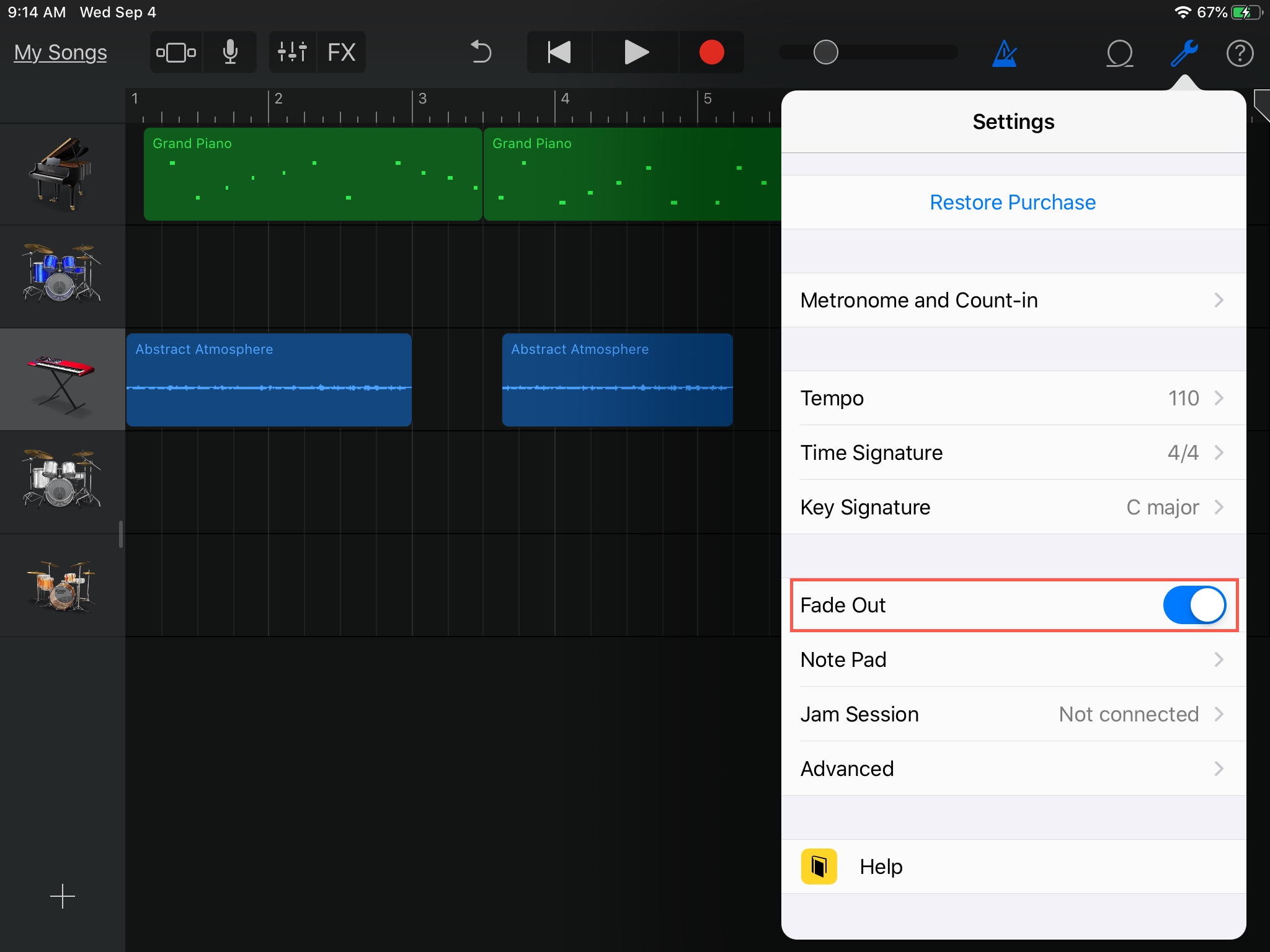 Crea dissolvenza in chiusura GarageBand iPad