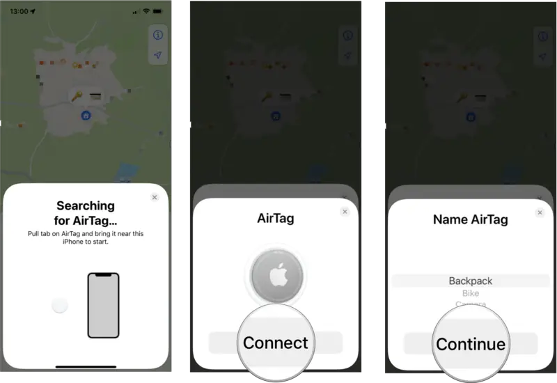 Traccia un oggetto personale con AirTag: avvicina il tuo AirTag al tuo iPhone o iPad, tocca Connetti, scegli il nome di un oggetto dall'elenco e tocca Continua