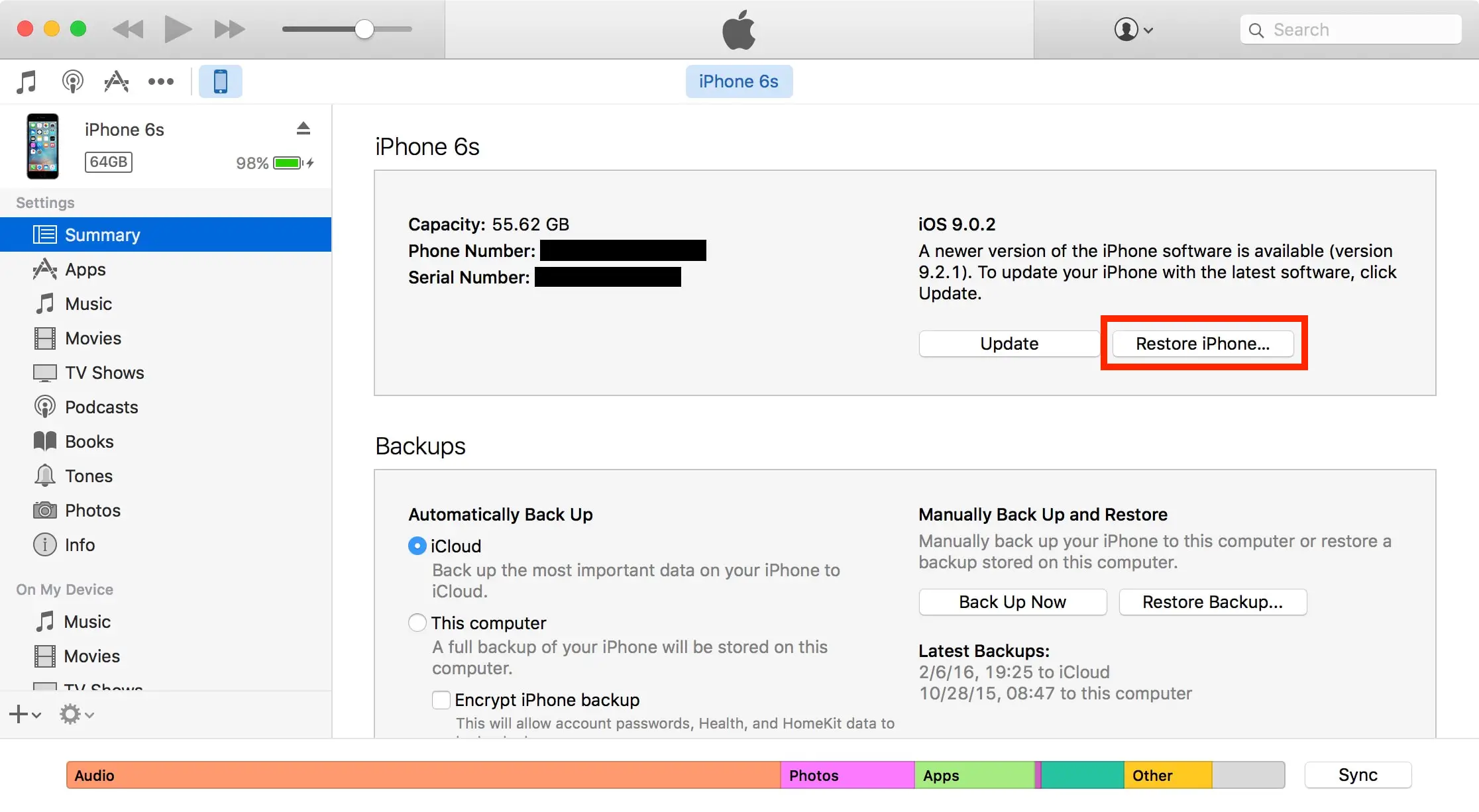Opzione per ripristinare iPhone in iTunes