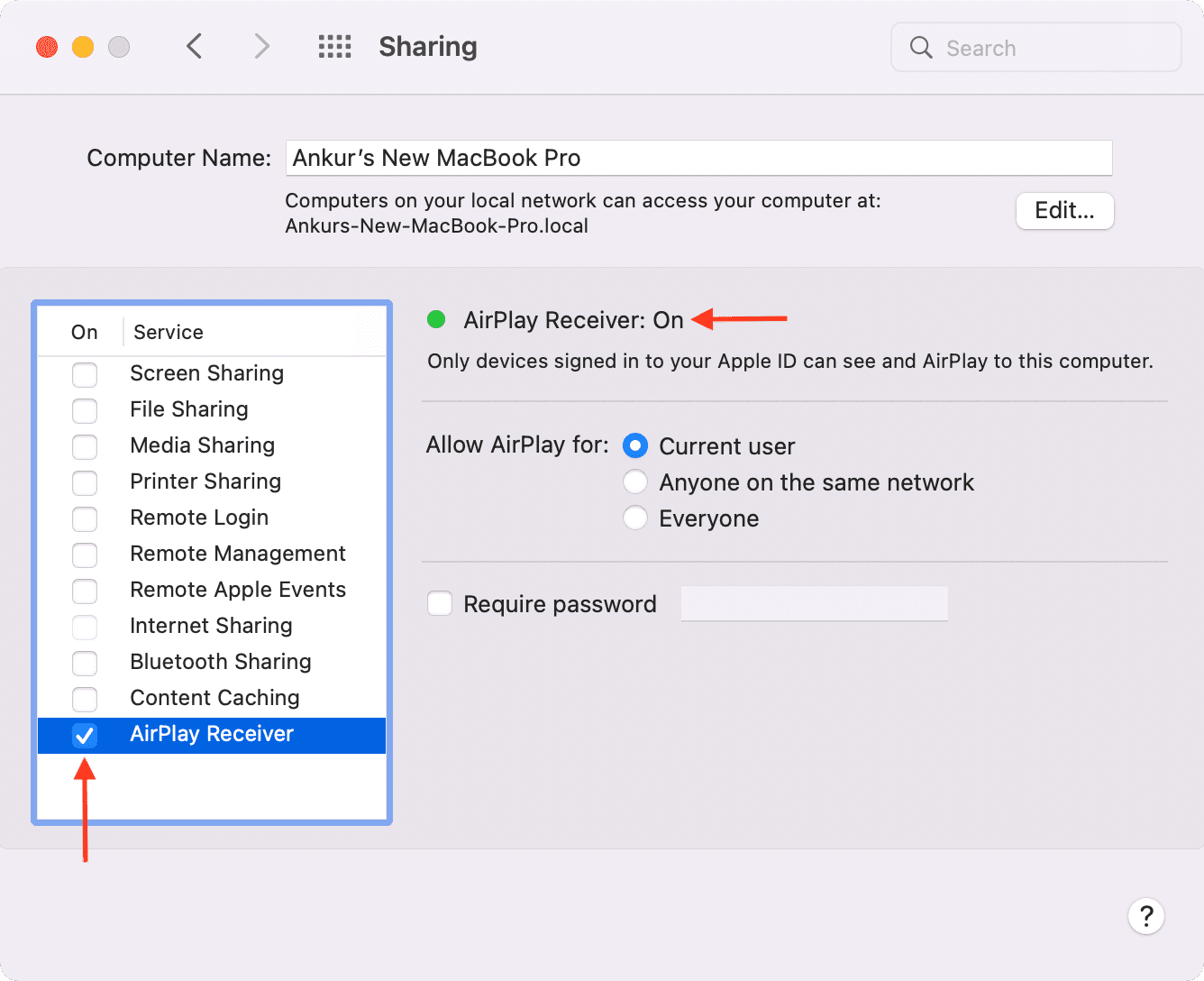 Ricevitore AirPlay abilitato su Mac con macOS Monterey