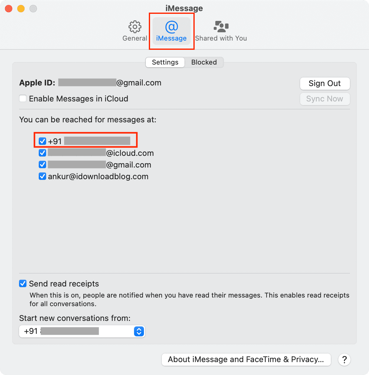 Imposta il numero di telefono per ricevere iMessage su Mac