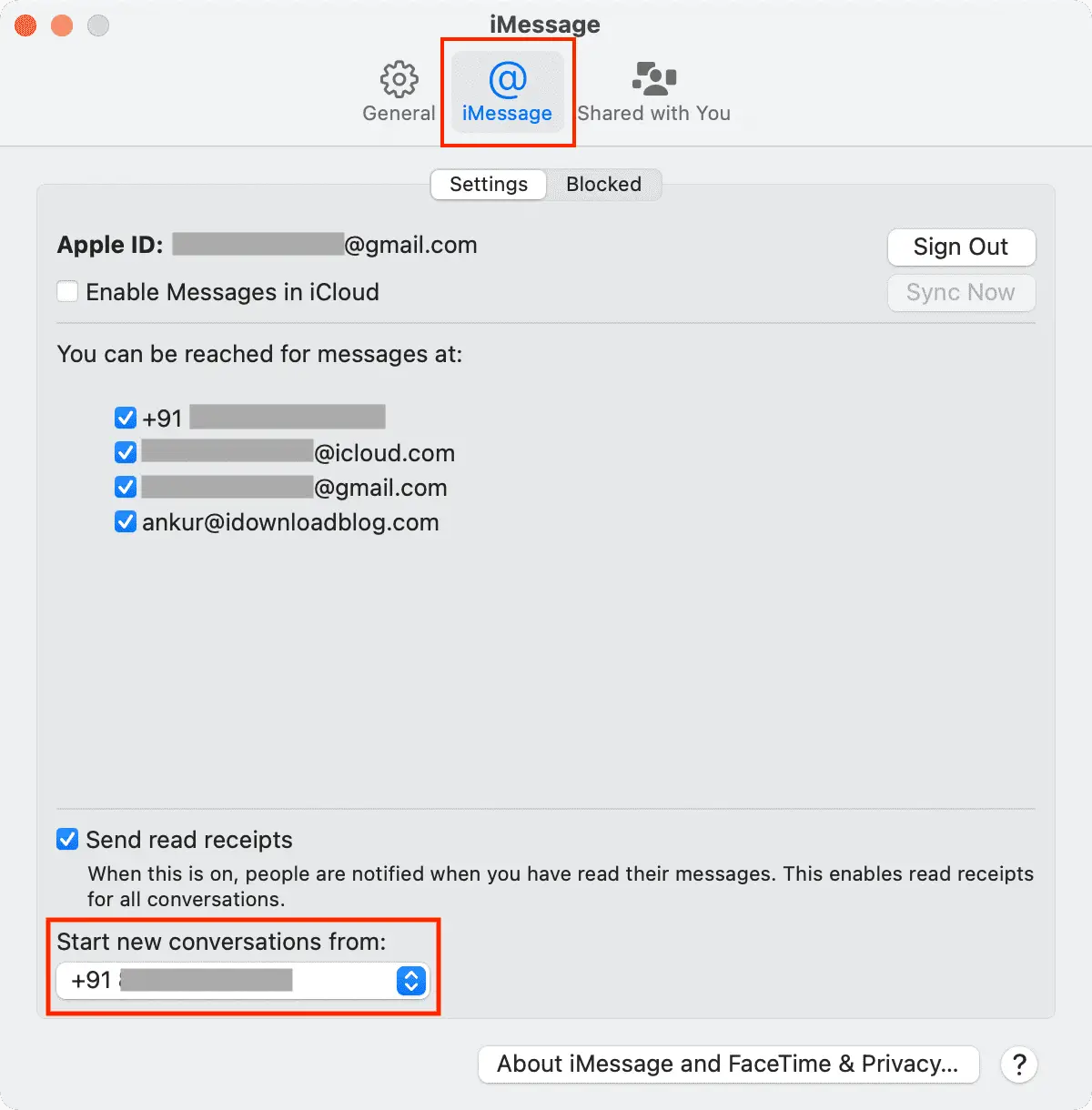 Imposta il numero di telefono per avviare iMessage su Mac