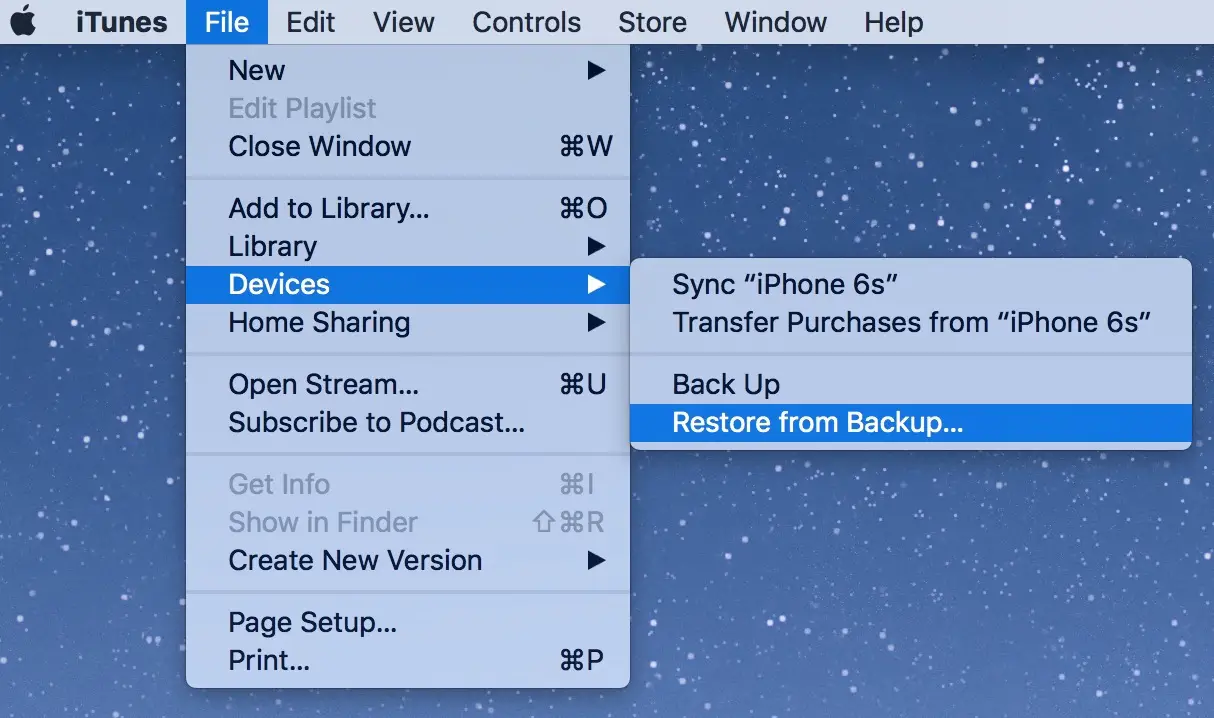 ripristinare il dispositivo iOS dal backup in iTunes