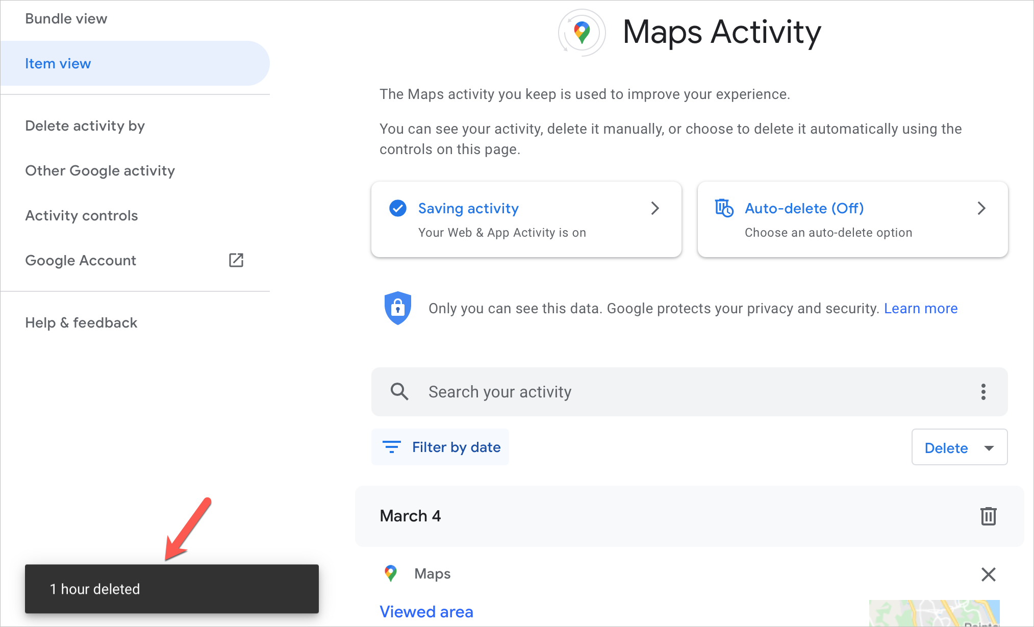 Messaggio di eliminazione della cronologia di Google Maps sul Web