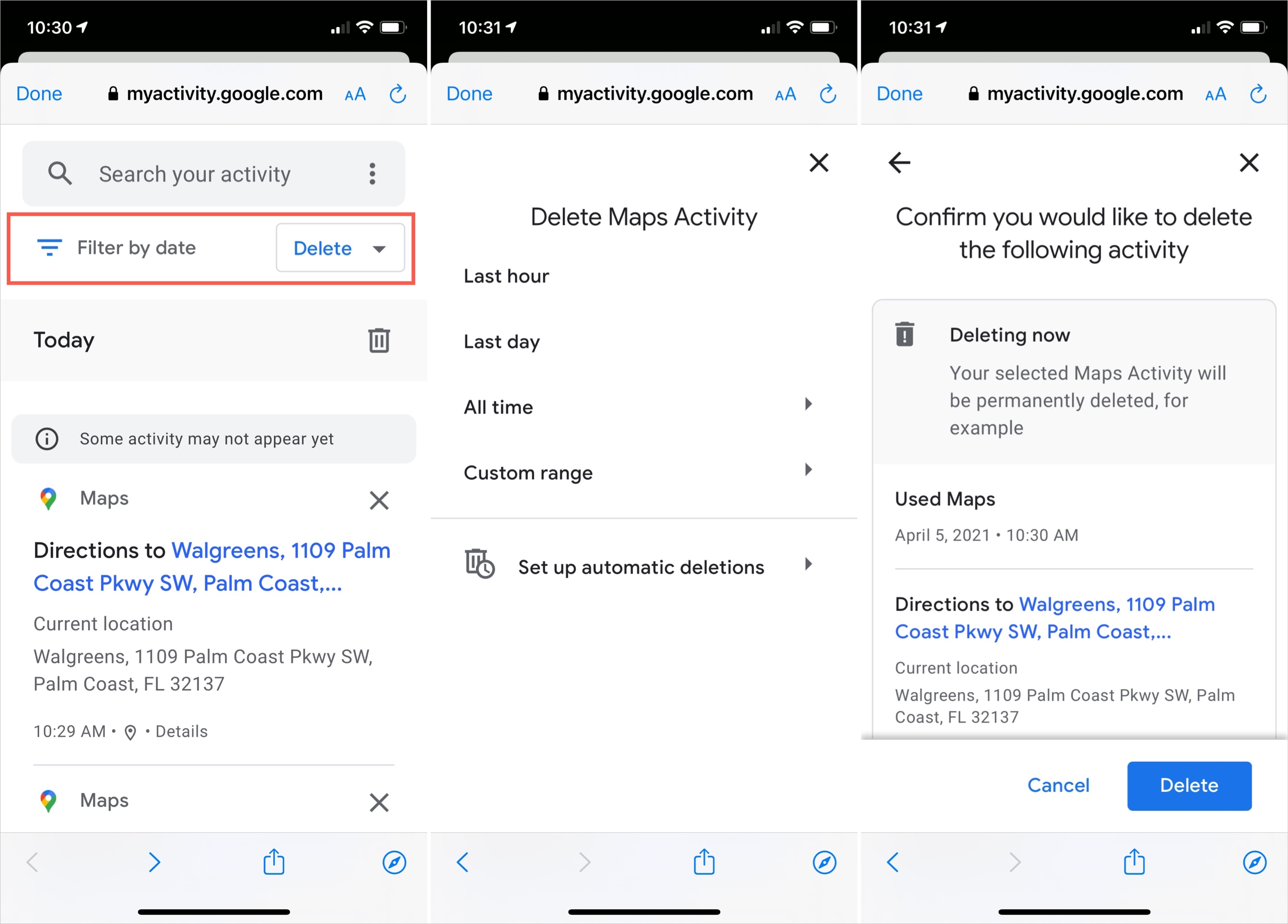 Filtro cronologia di eliminazione di Google Maps su iPhone
