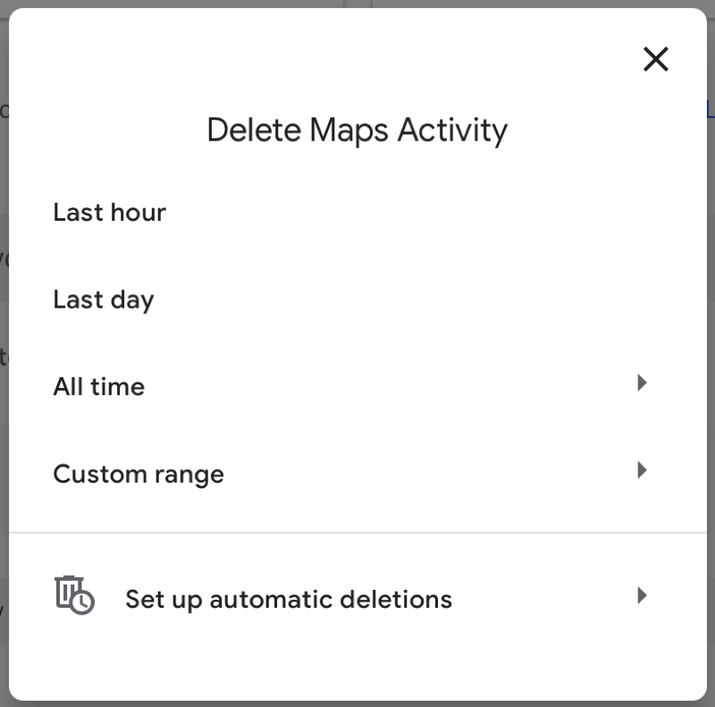 Filtro cronologia di eliminazione di Google Maps sul Web