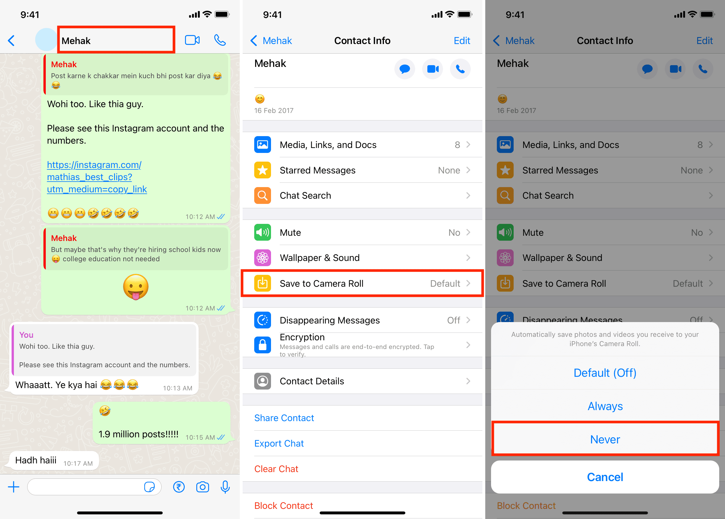 Non salvare mai nel rullino fotografico in WhatsApp