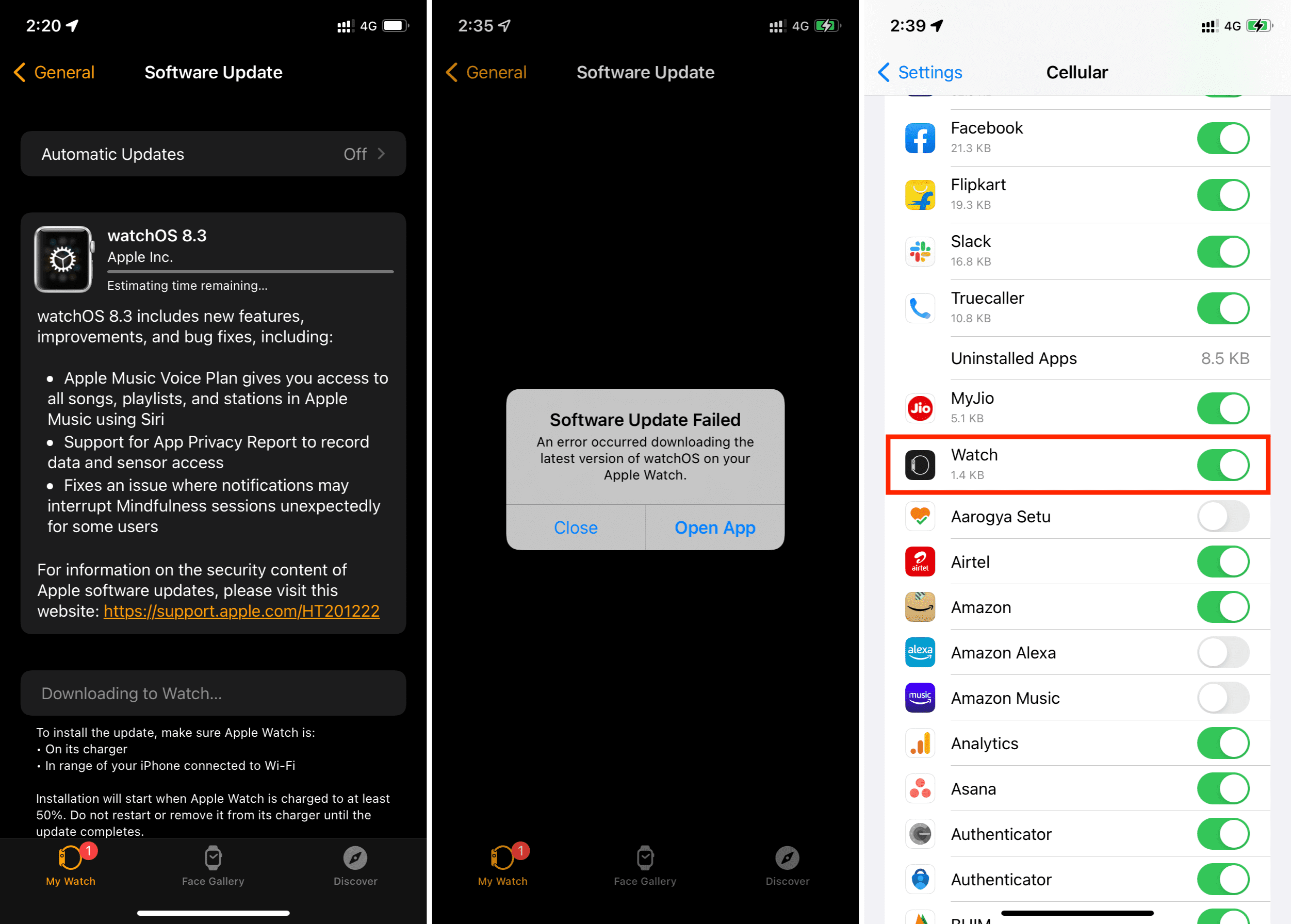 Aggiornamento software Apple Watch su cellulare