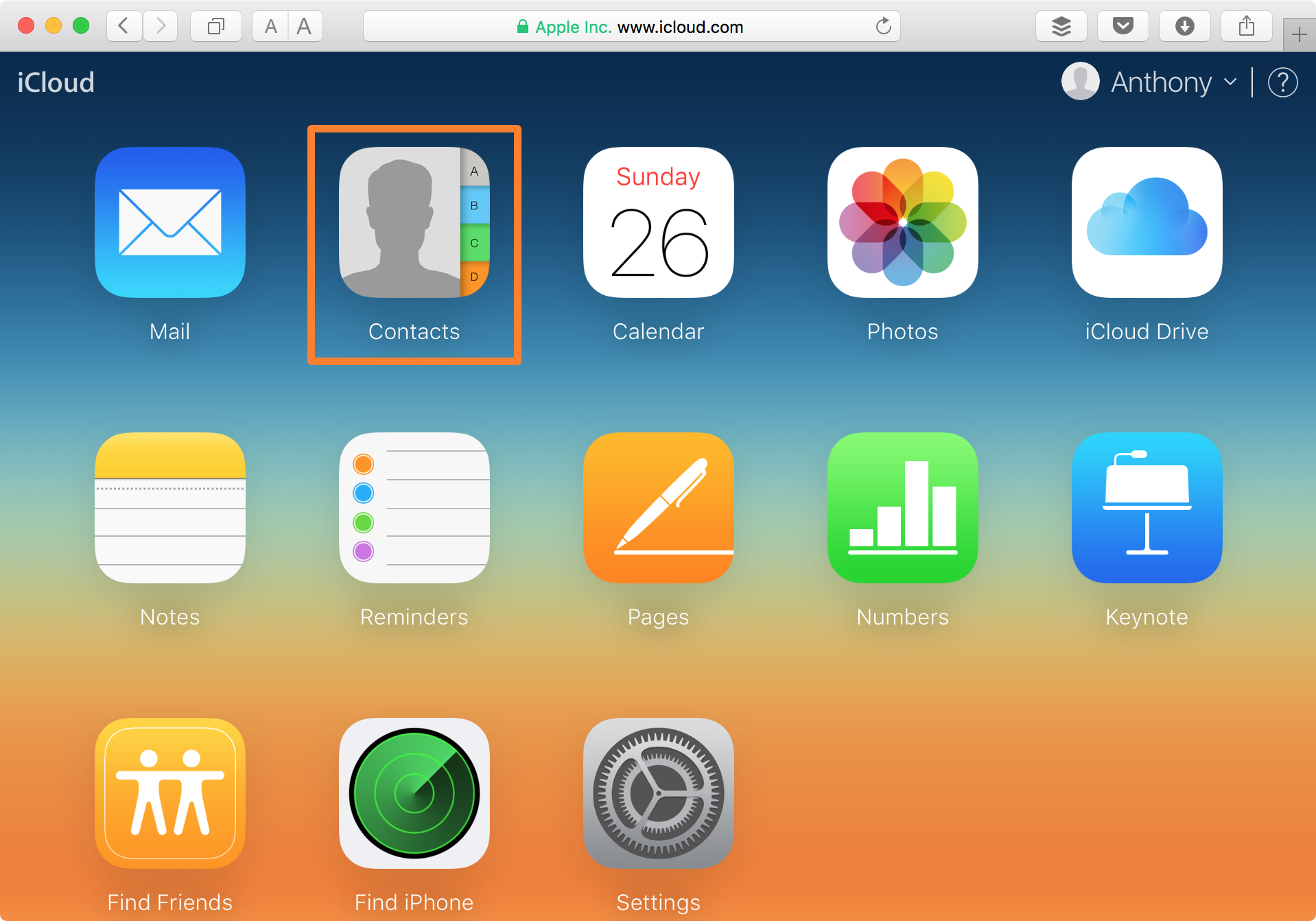 App per i contatti del sito Web iCloud