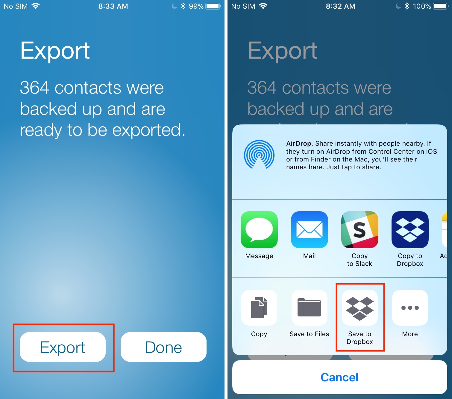 Salva i contatti su Dropbox