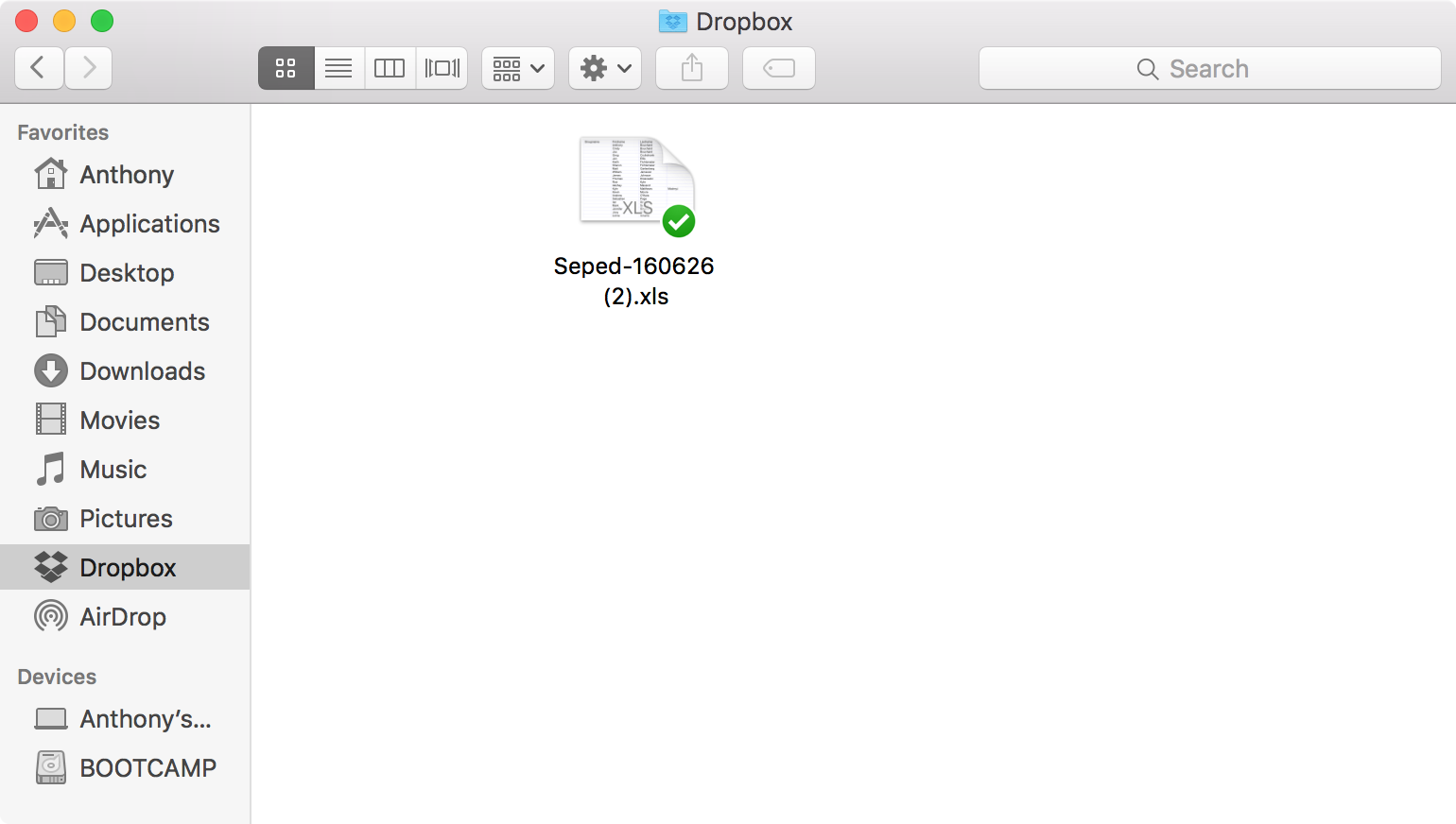 File XLS dei contatti Dropbox del Finder per Mac