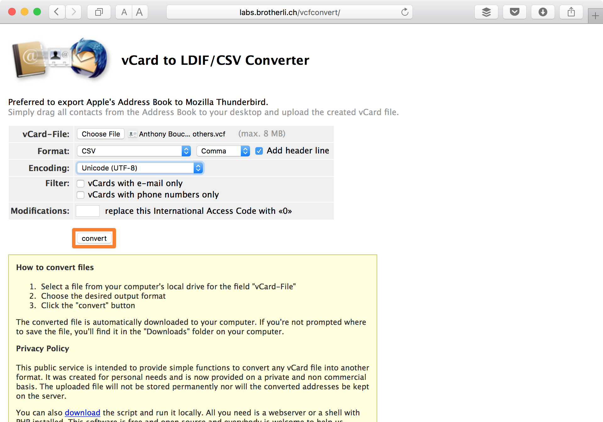 Pulsante di conversione del sito Web del convertitore CSV