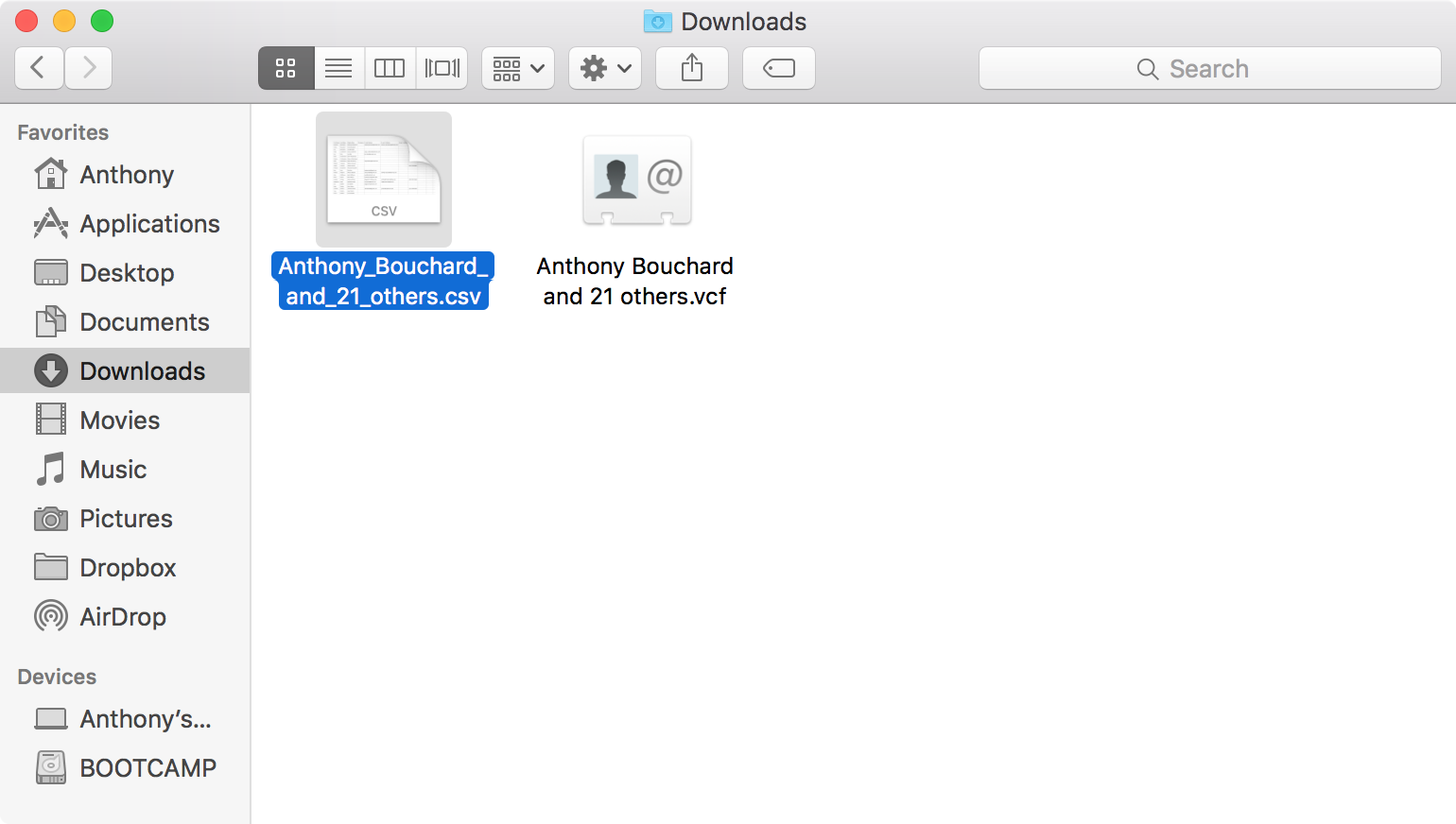 File CSV della cartella dei download di Mac Finder