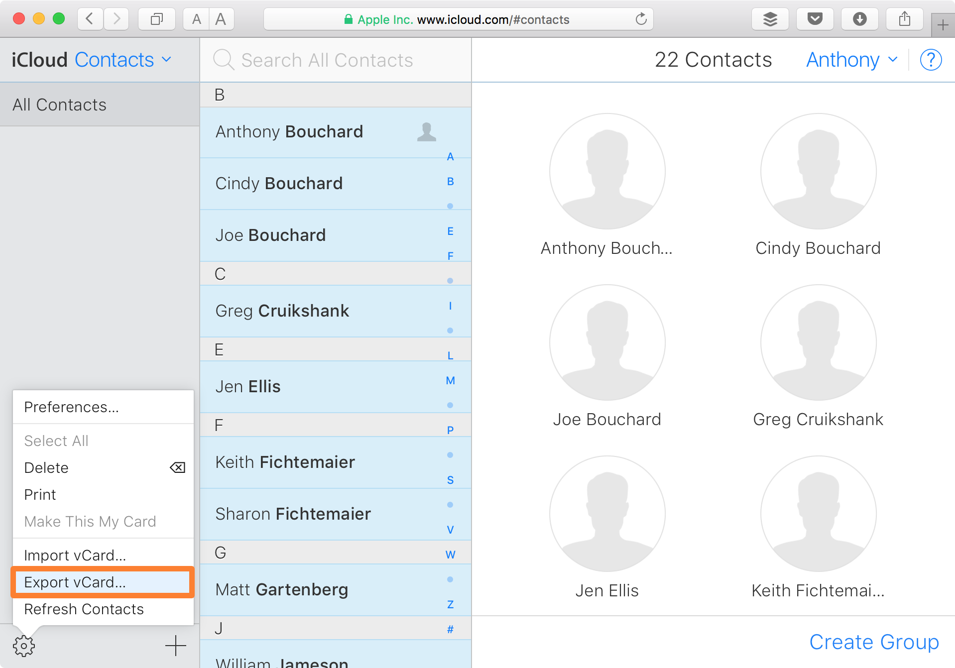 Contatti del sito web iCloud Esporta vCard